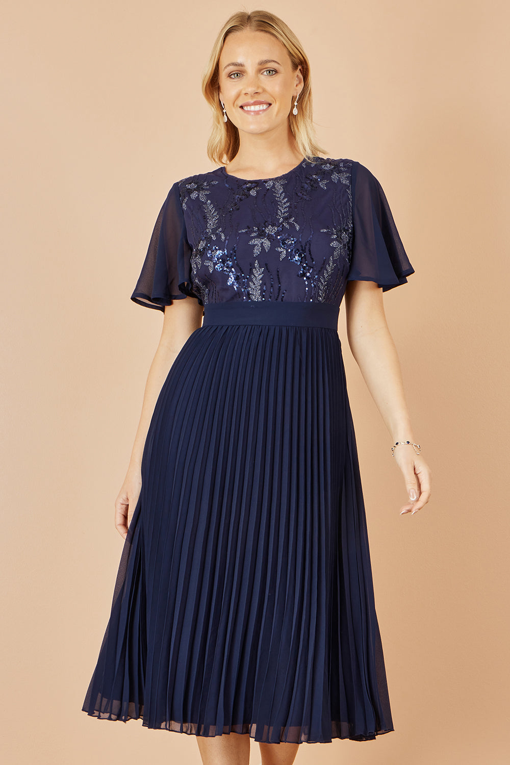 Yumi Navy Sequin Embellished Panel Pleated Midi Dress