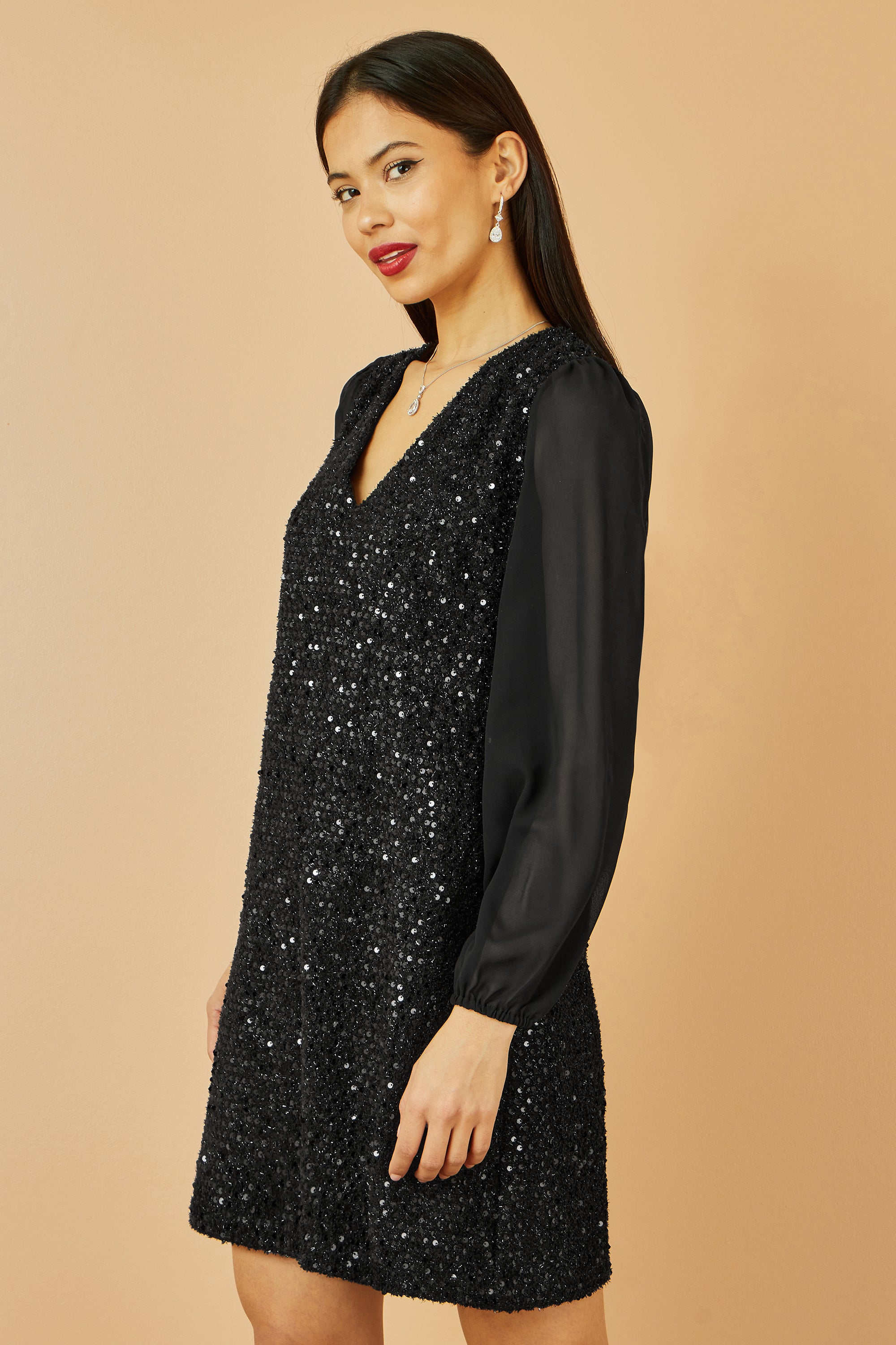 Yumi Black Sequin Tunic With Tie Back And Sheer Sleeves