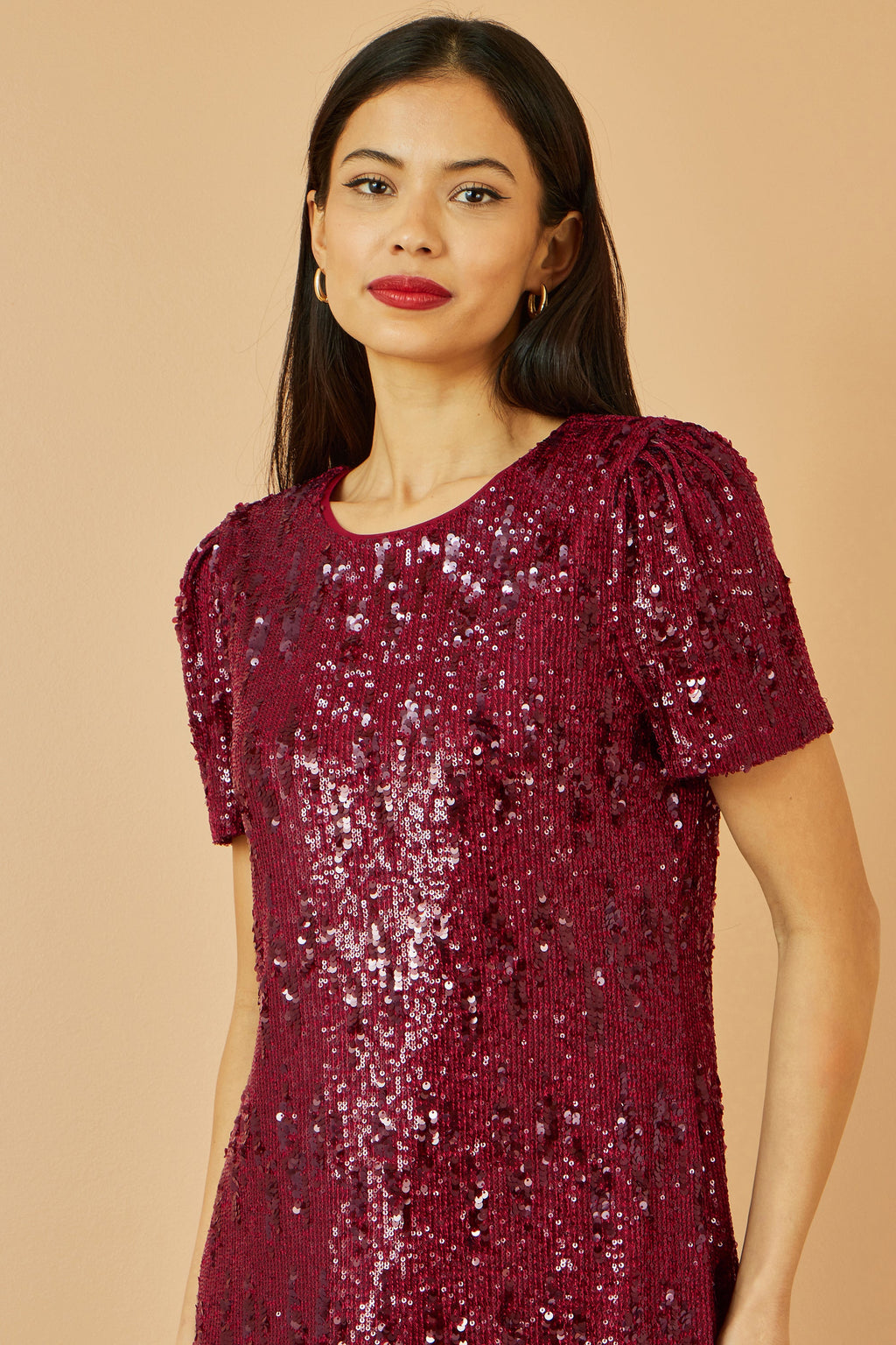 Yumi Burgundy Sequin Stretch Tunic Dress