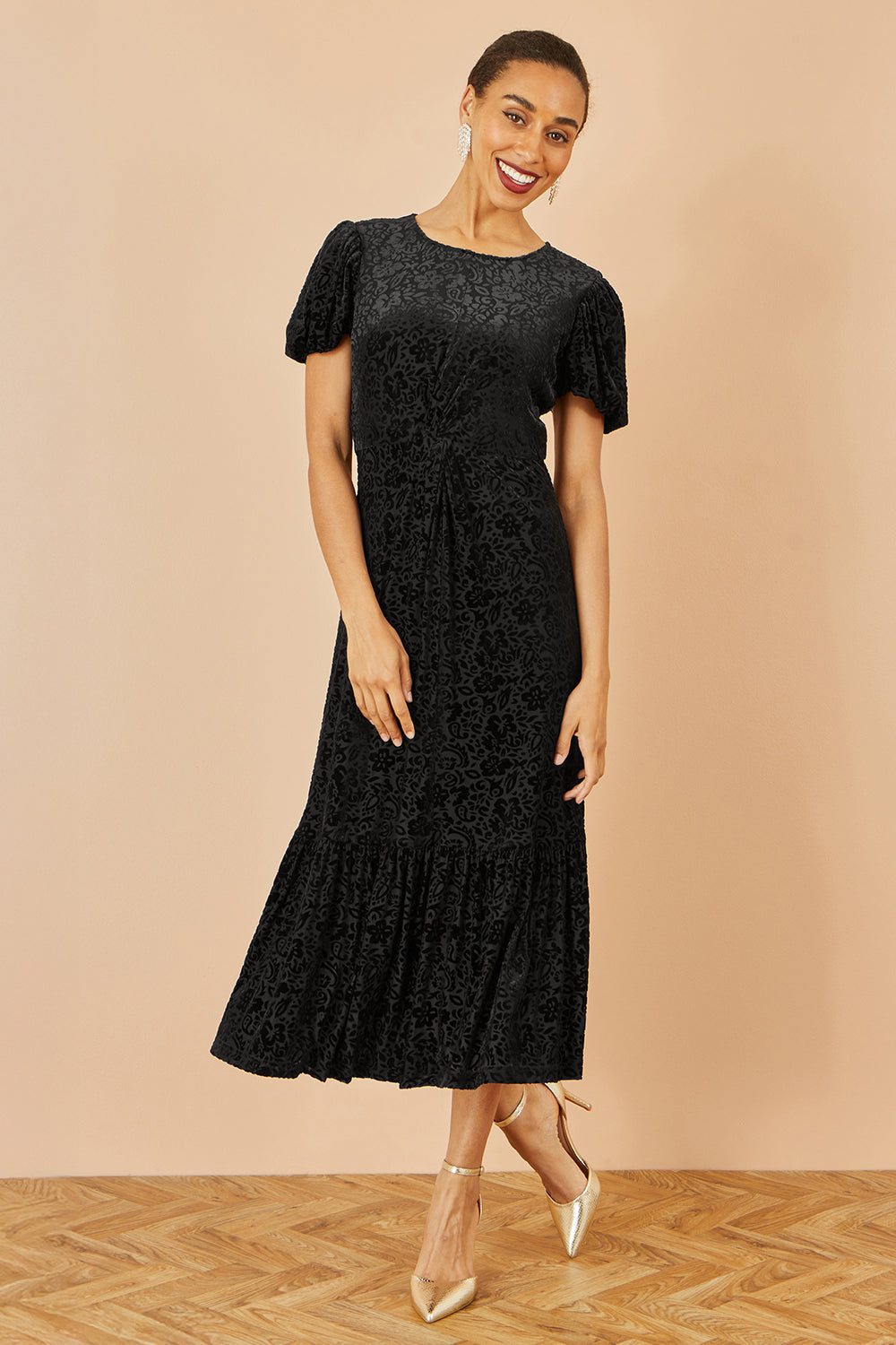 Yumi Black Floral Velour Velvet Twist Waist Midi Dress
