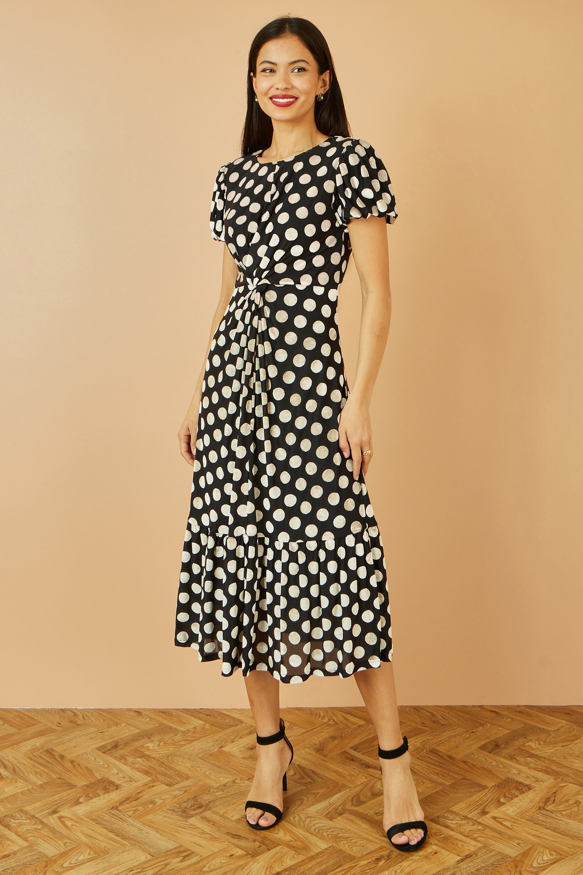 Yumi Black Velvet Spot Print Twist Knot Waist Midi Dress