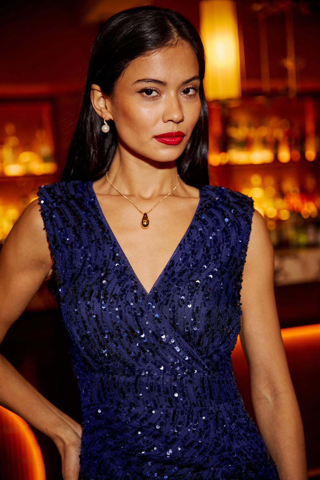 Yumi Navy Sequin Fitted Wrap Dress With Split Hem