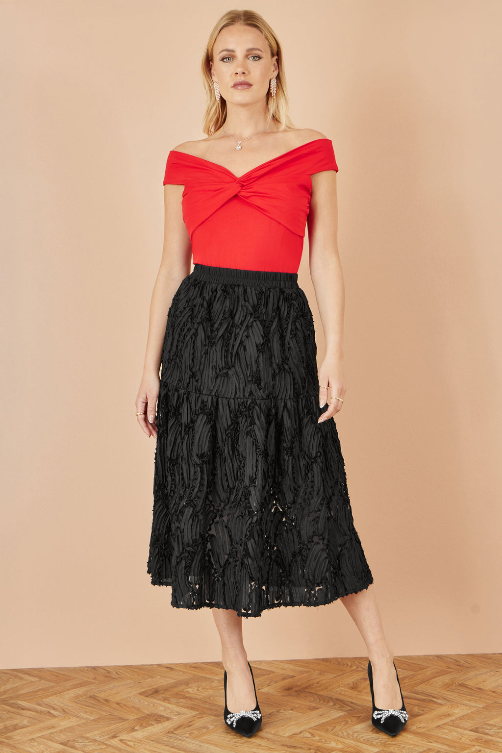 Yumi Black Mesh Applique Sequin Midi Skirt