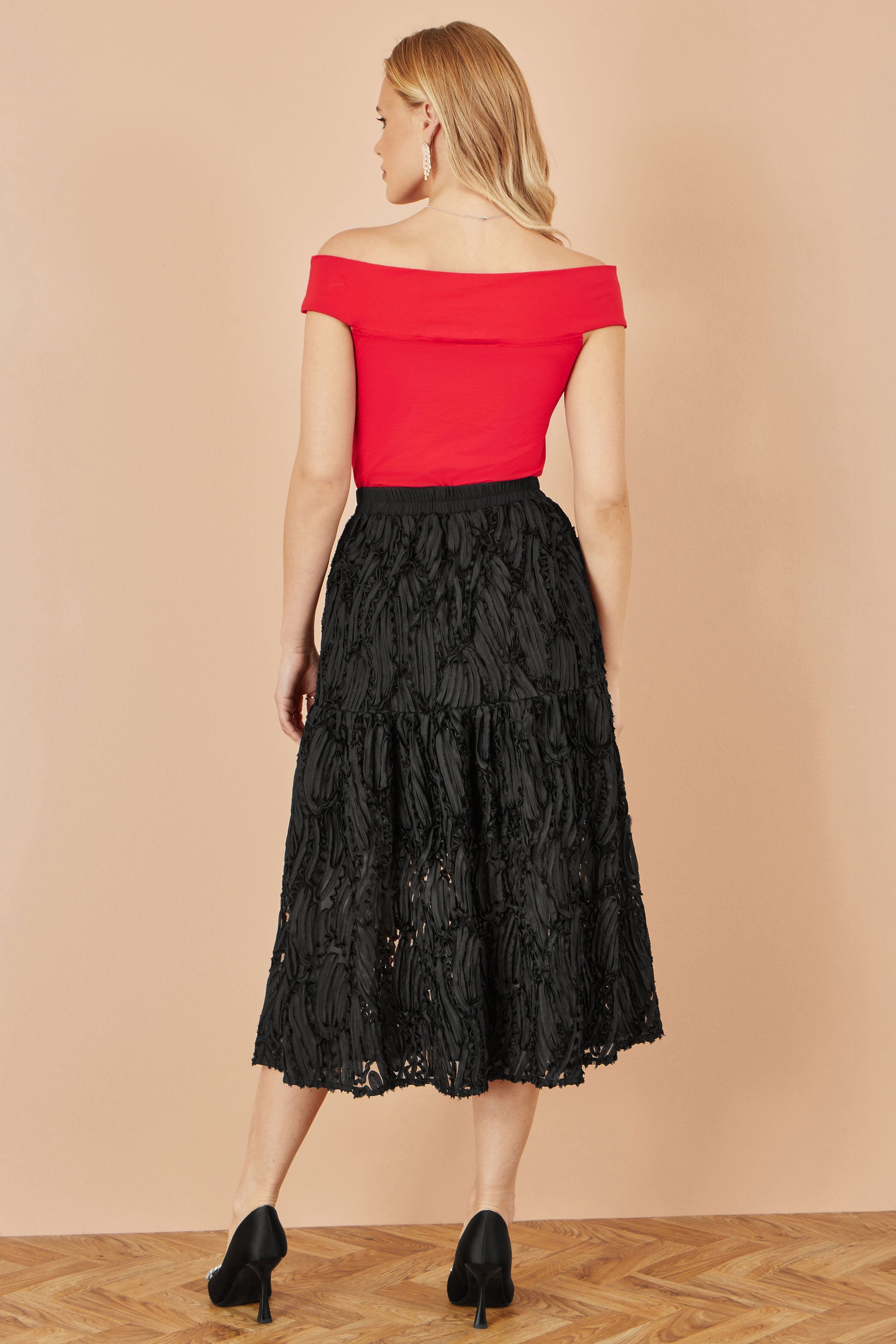 Yumi Black Mesh Applique Sequin Midi Skirt