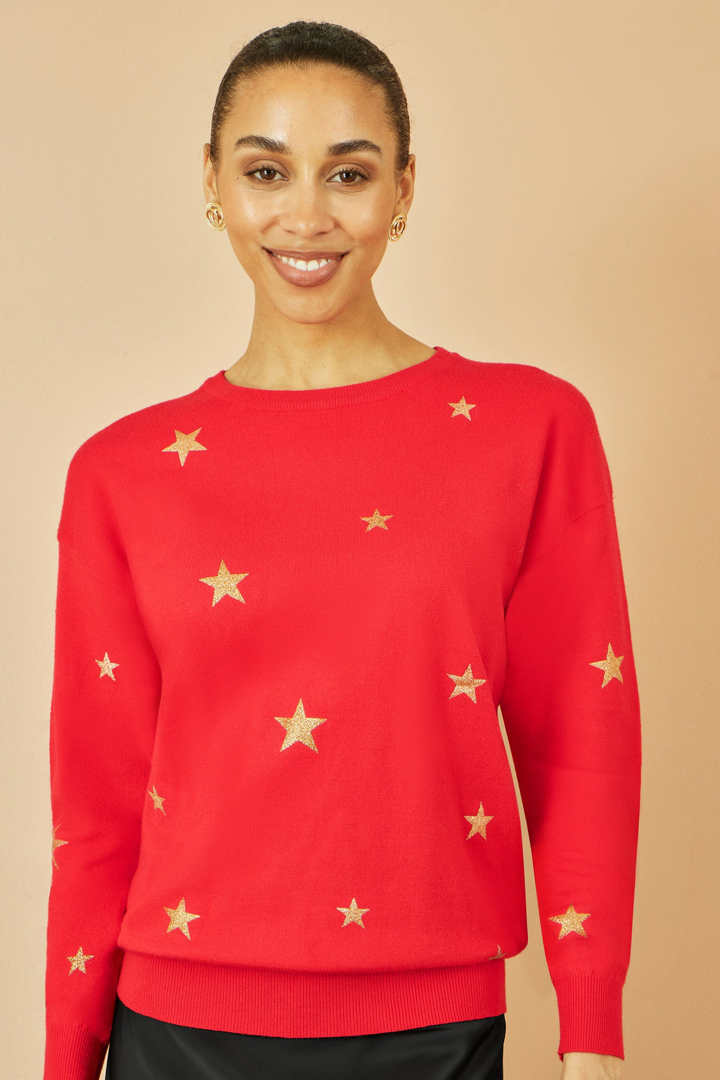 Yumi Red Gold Foil Star Print Relaxed Fit Jumper