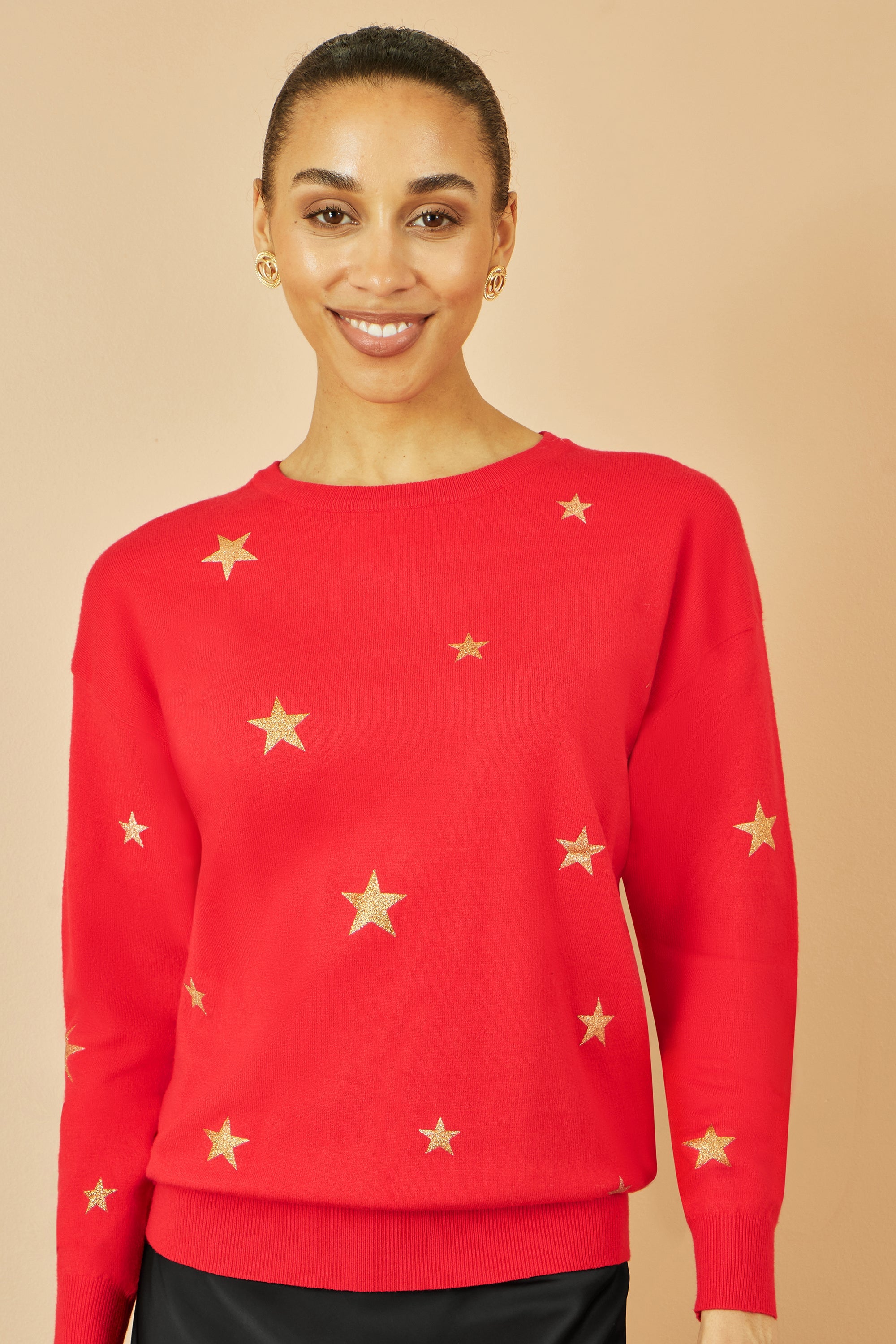 Yumi Red Gold Foil Star Print Relaxed Fit Jumper
