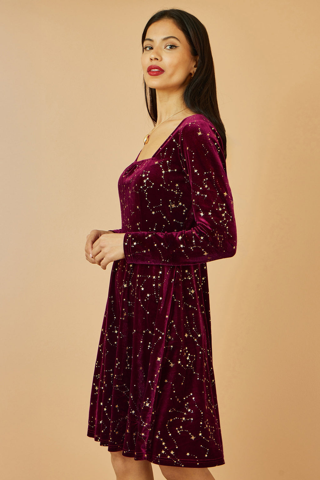 Yumi Burgundy Star Foil Print Long Sleeve Skater Dress
