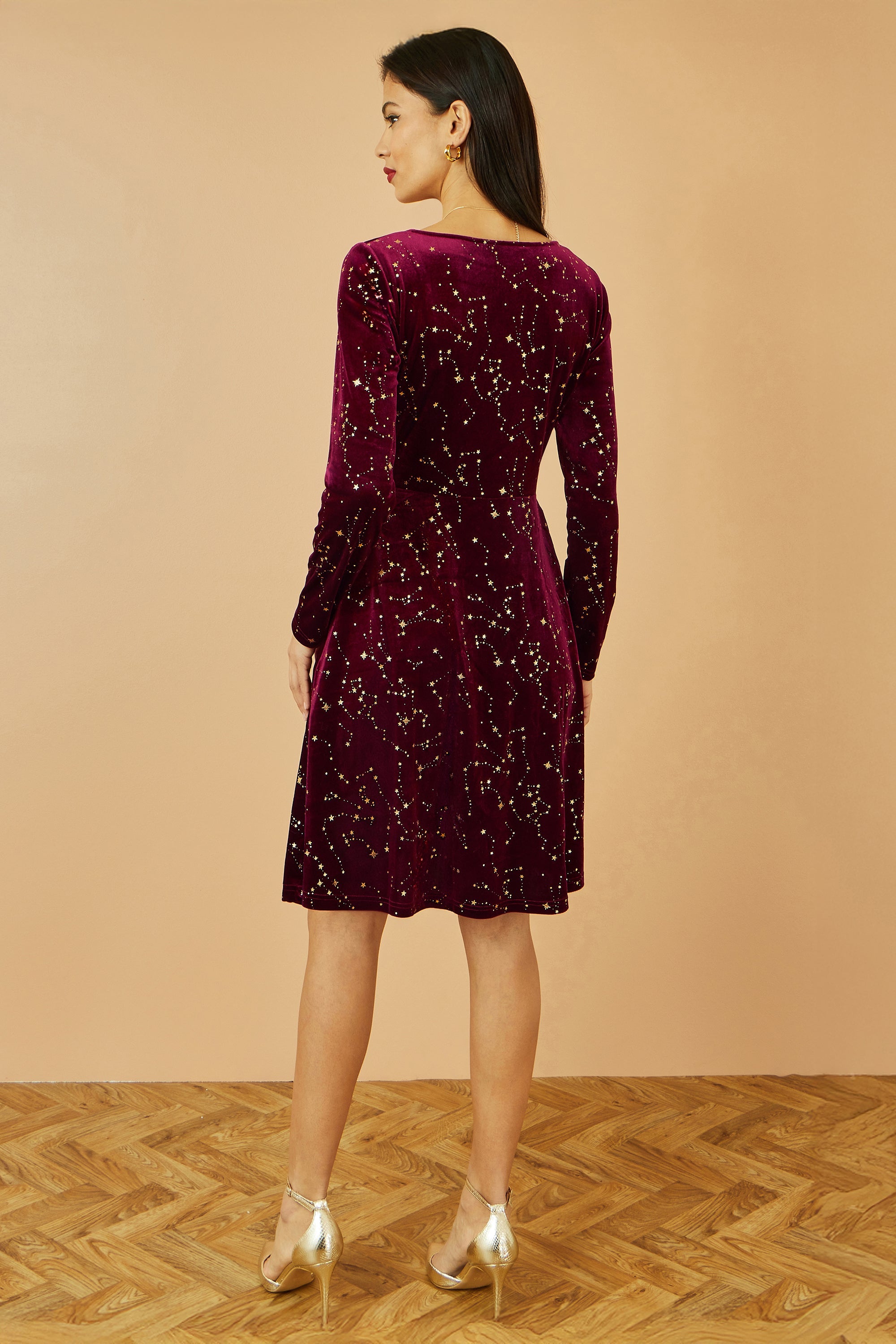 Yumi Burgundy Star Foil Print Long Sleeve Skater Dress