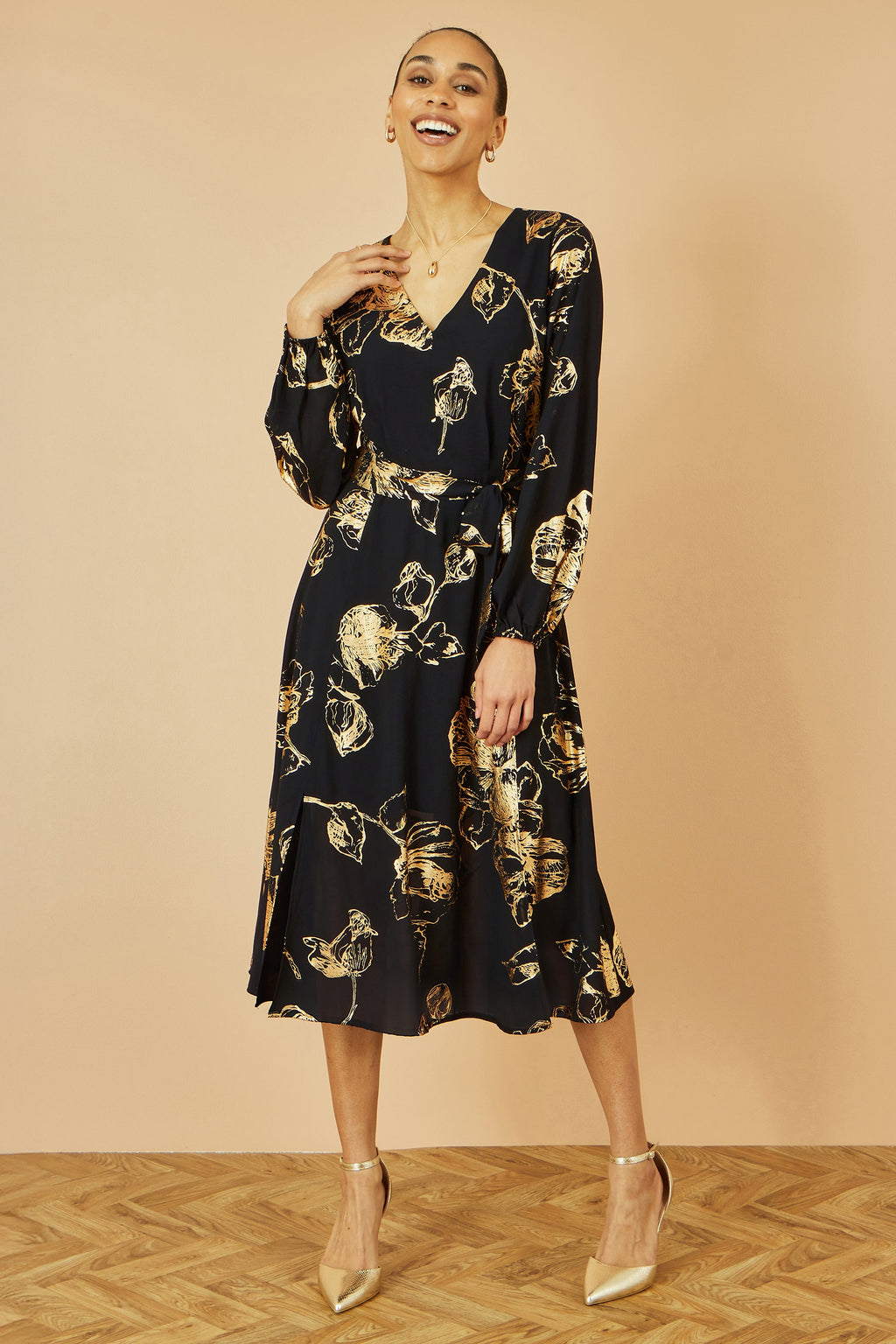 Yumi Black Foil Rose Print Midi Dress