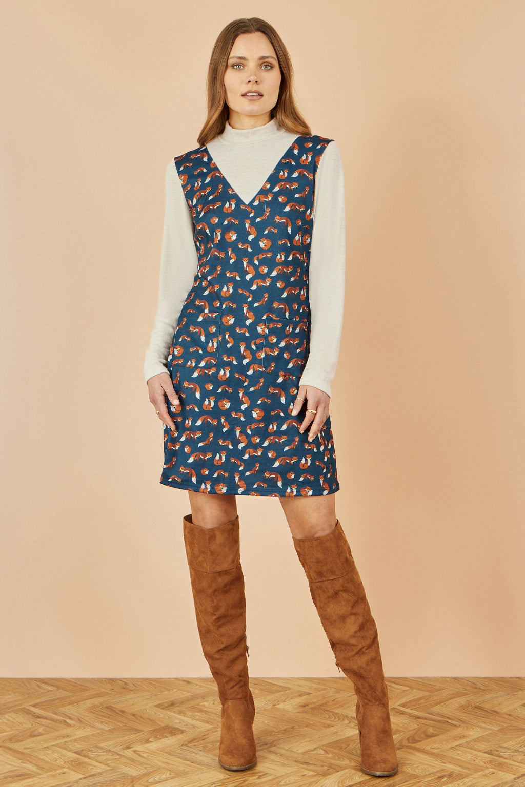 Yumi Navy Fox Long Sleeve Layered Tunic Dress With Front Pocket