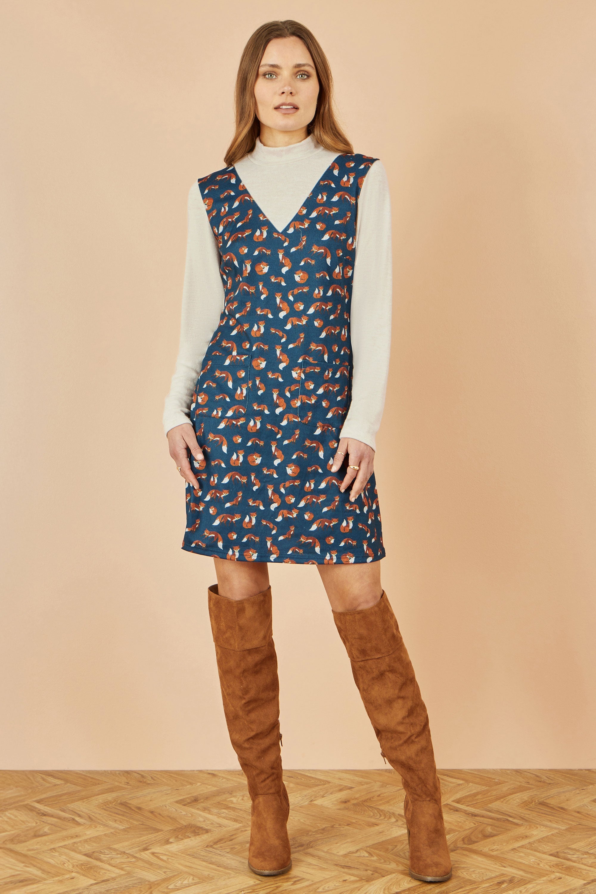 Yumi Navy Fox Long Sleeve Layered Tunic Dress With Front Pocket