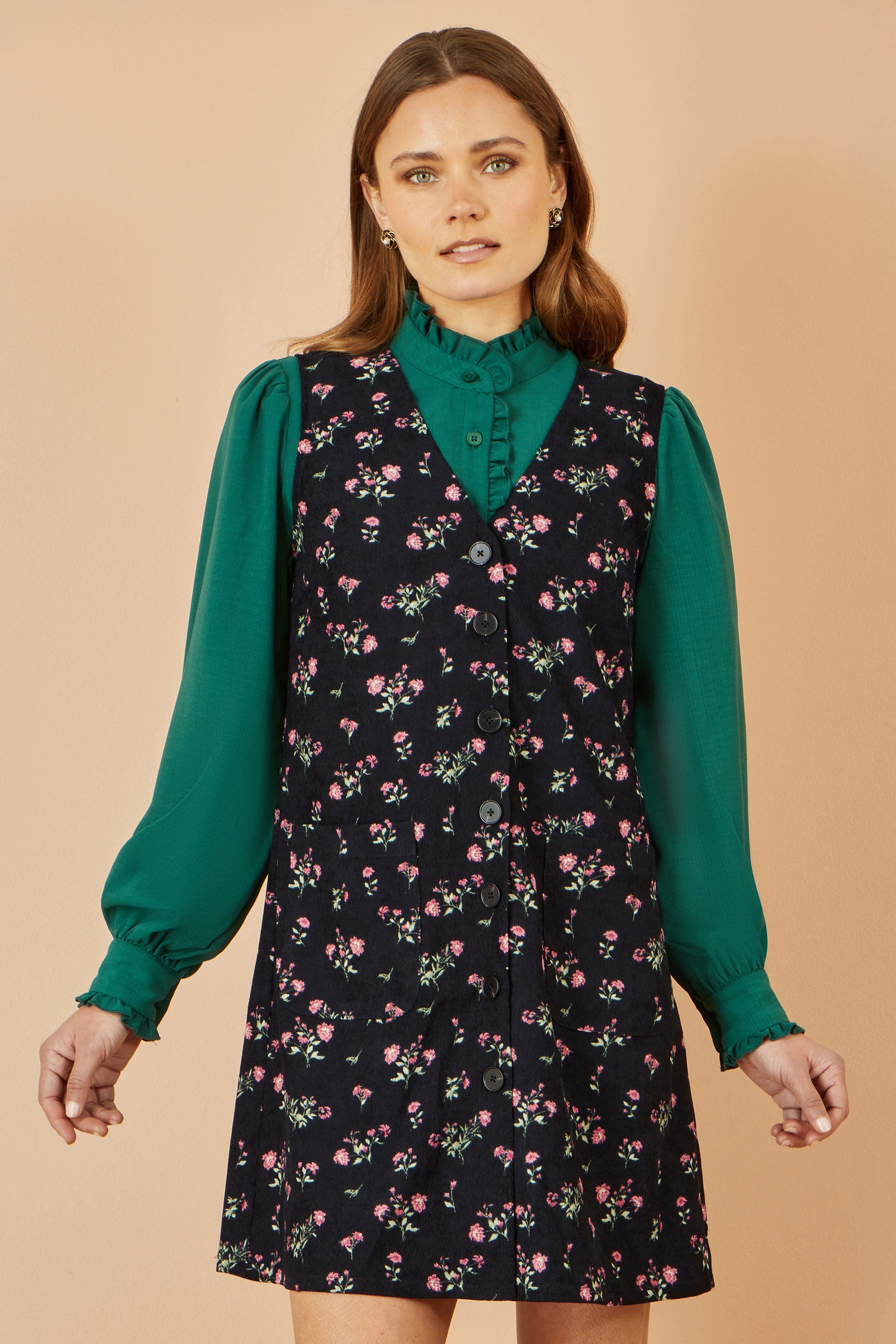 Yumi Black Floral Print Pinafore Dress With Button Up