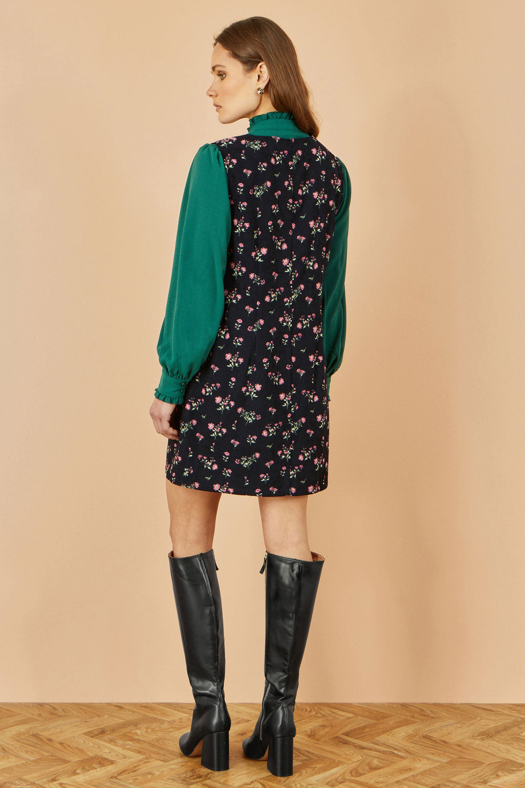 Yumi Black Floral Print Pinafore Dress With Button Up