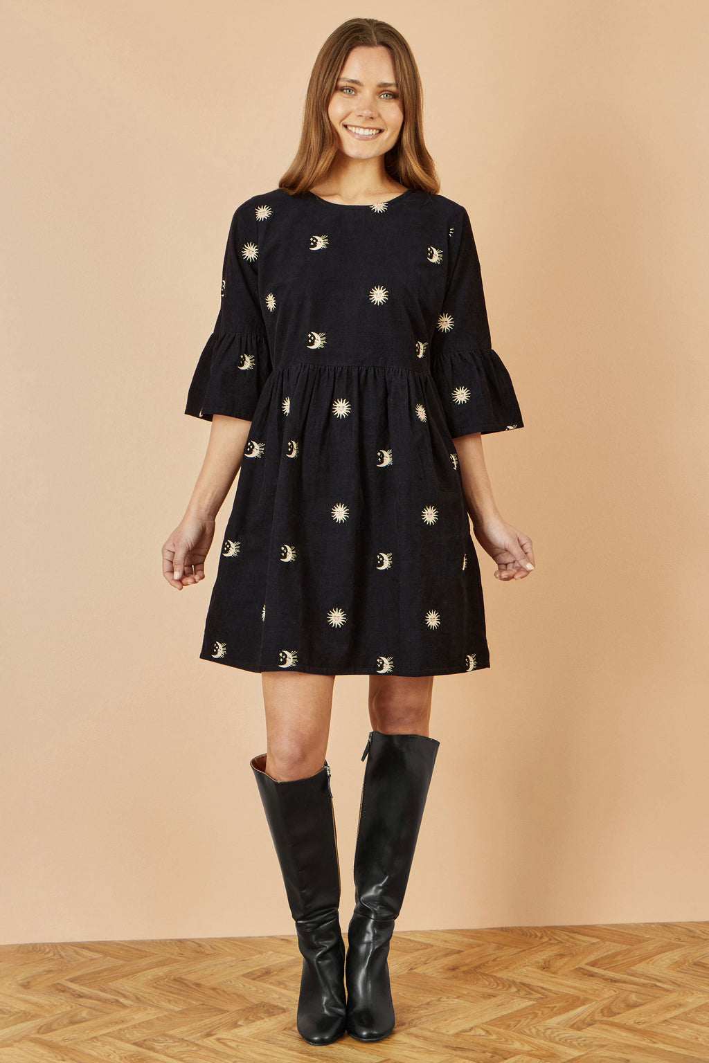 Yumi Black Cosmic Embroidery Cord Tunic Dress