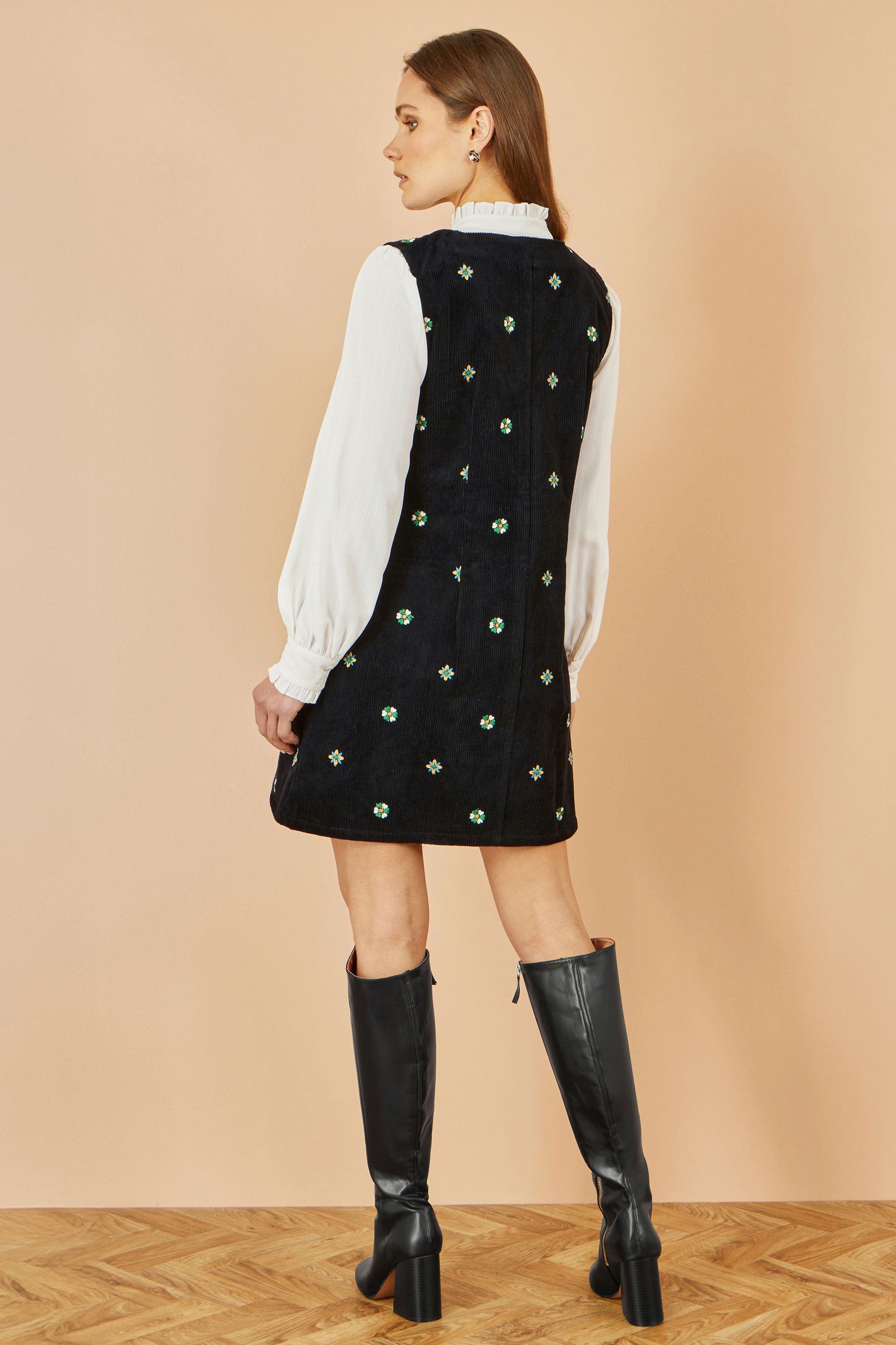Yumi Black Flower Embroidered Button Up Pinafore Dress