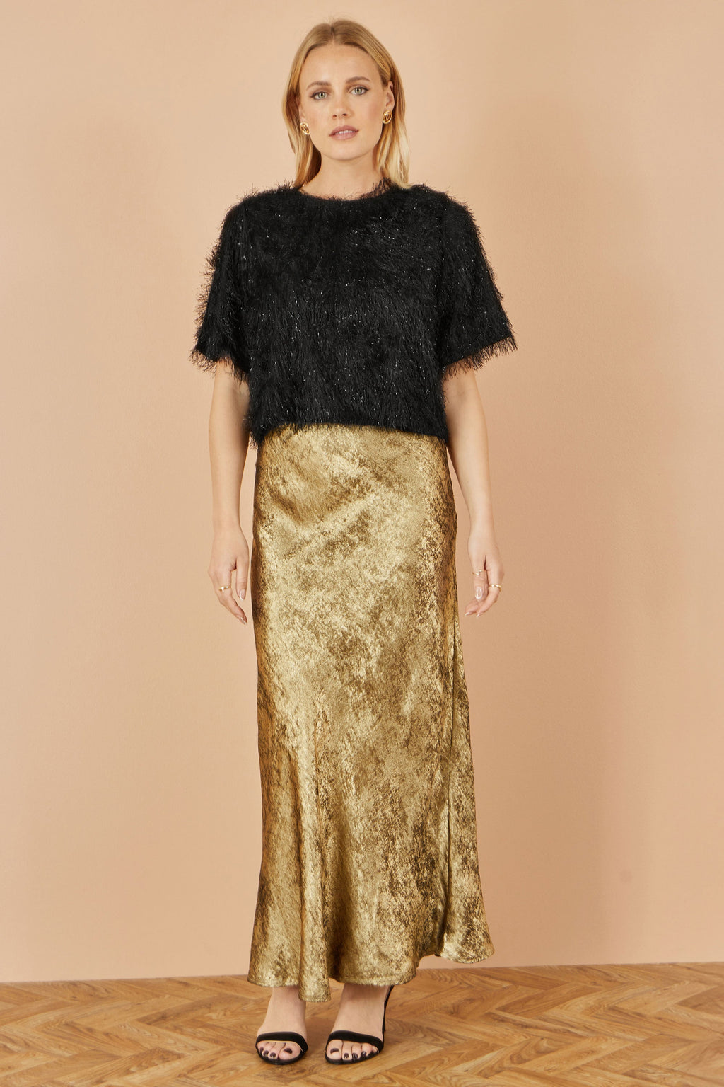 Yumi Gold Satin Midi Skirt
