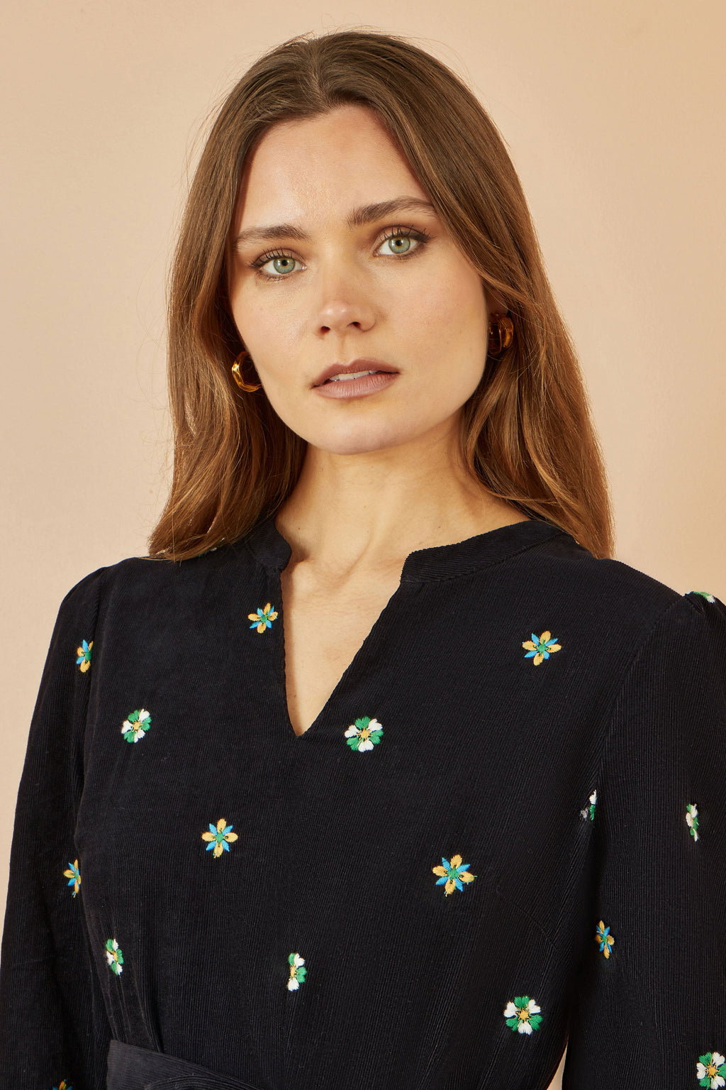 Yumi Black Flower Embroidery Midi Cord Dress