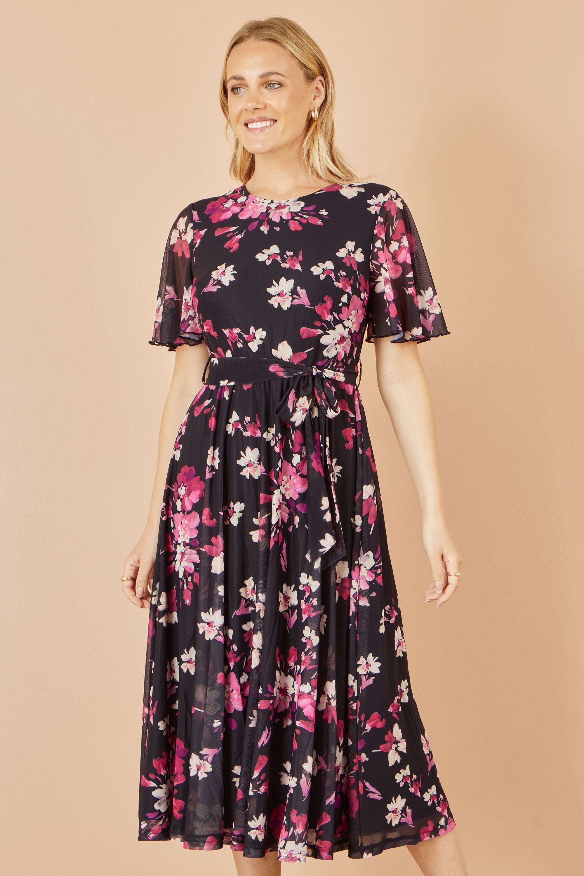 Yumi Black Mesh Skater Floral Midi Dress