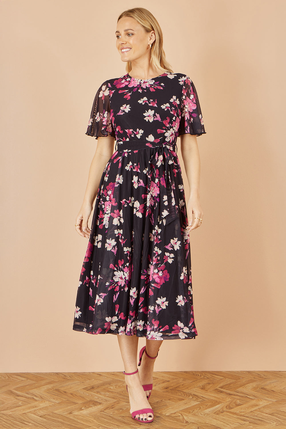 Yumi Black Mesh Skater Floral Midi Dress