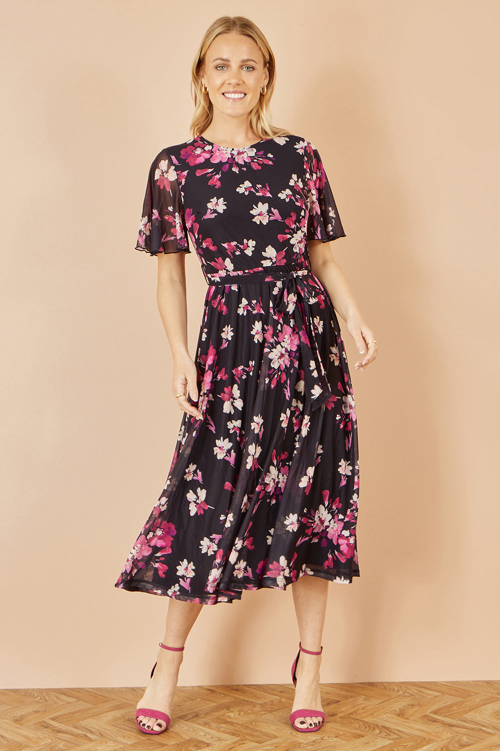 Yumi Black Mesh Skater Floral Midi Dress