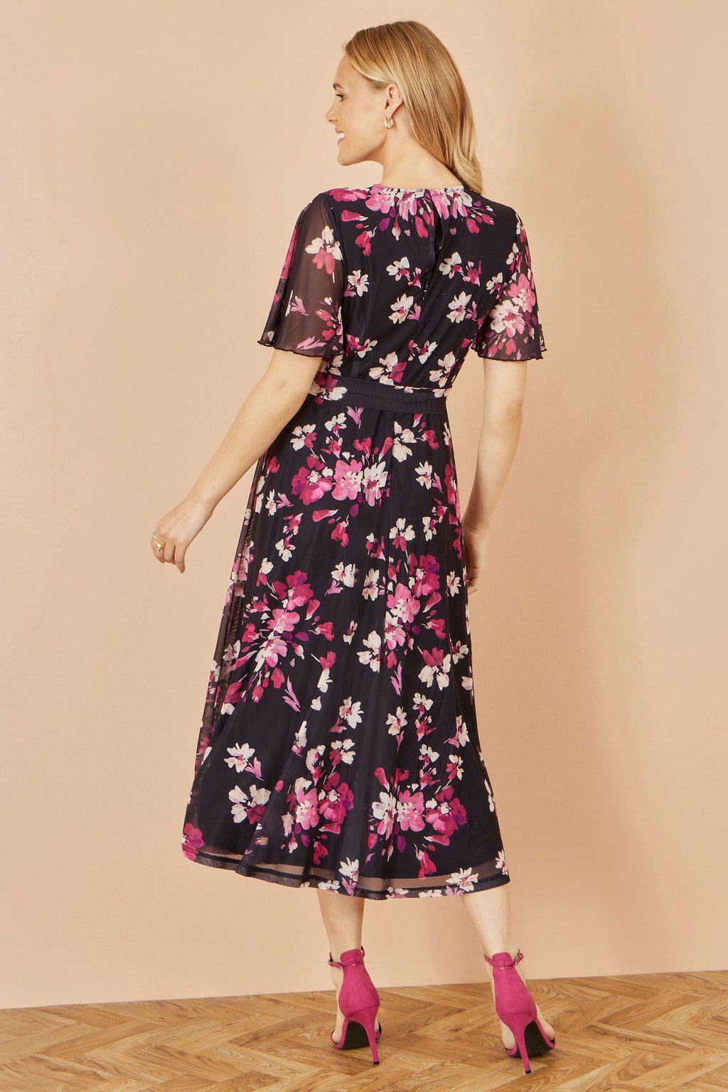 Yumi Black Mesh Skater Floral Midi Dress