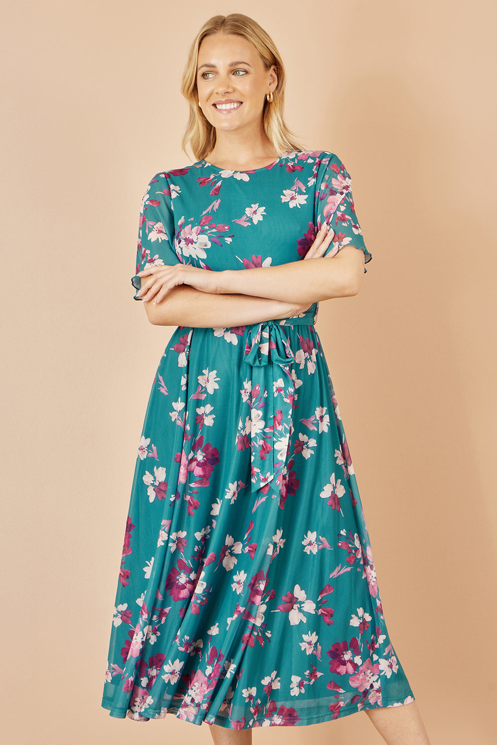 Yumi Teal Mesh Skater Floral Midi Dress
