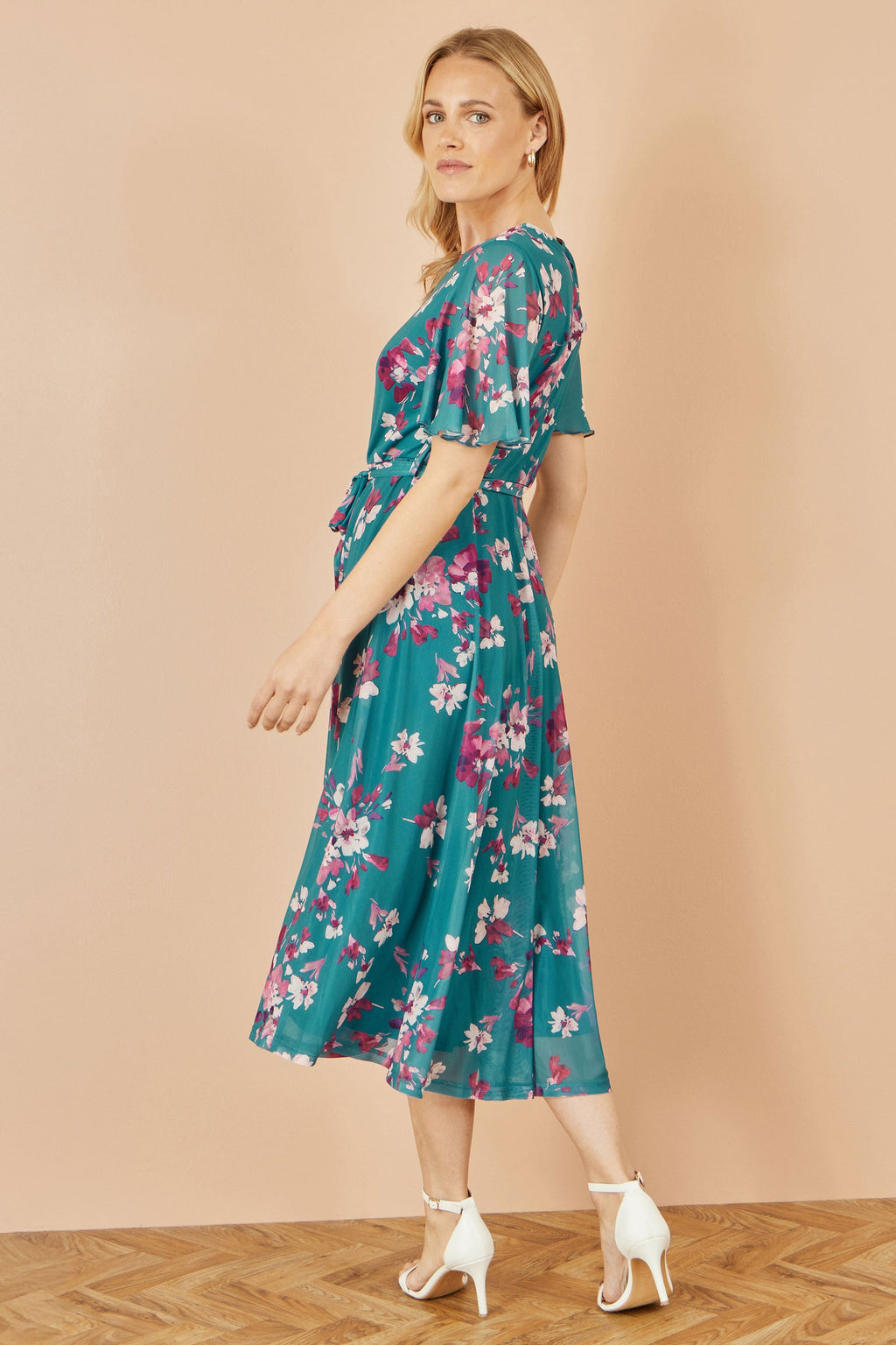 Yumi Teal Mesh Skater Floral Midi Dress