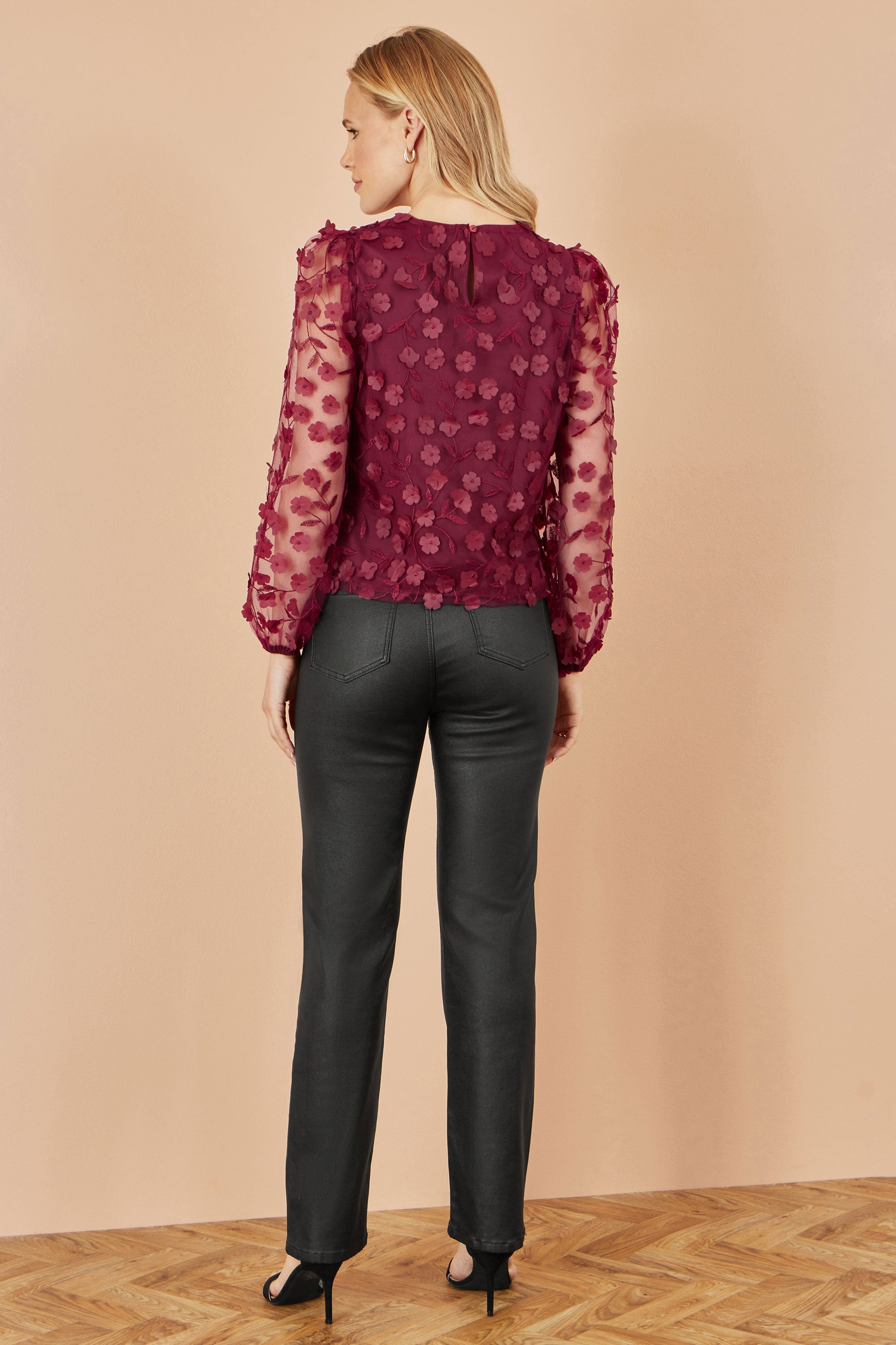 Yumi Burgundy Sheer Sleeve Applique Flower Top