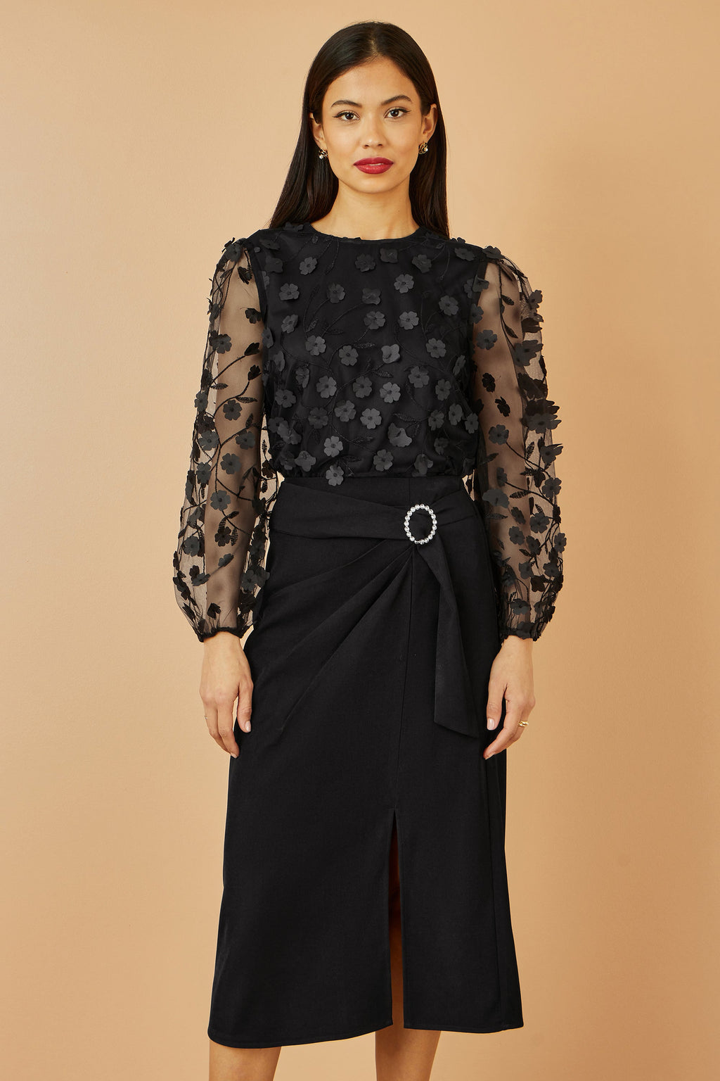 Yumi Black Sheer Sleeve Applique Flower Top