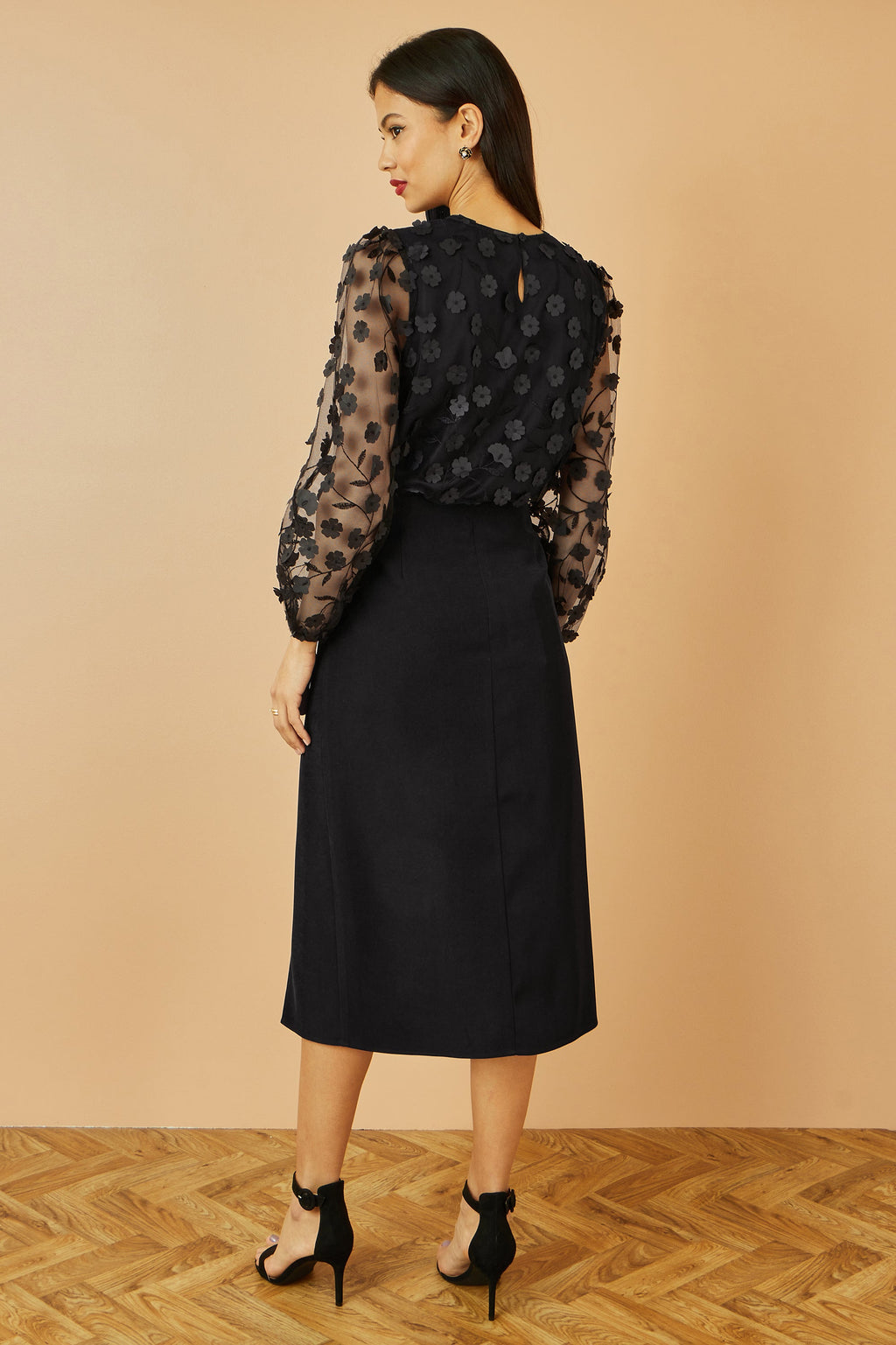 Yumi Black Sheer Sleeve Applique Flower Top