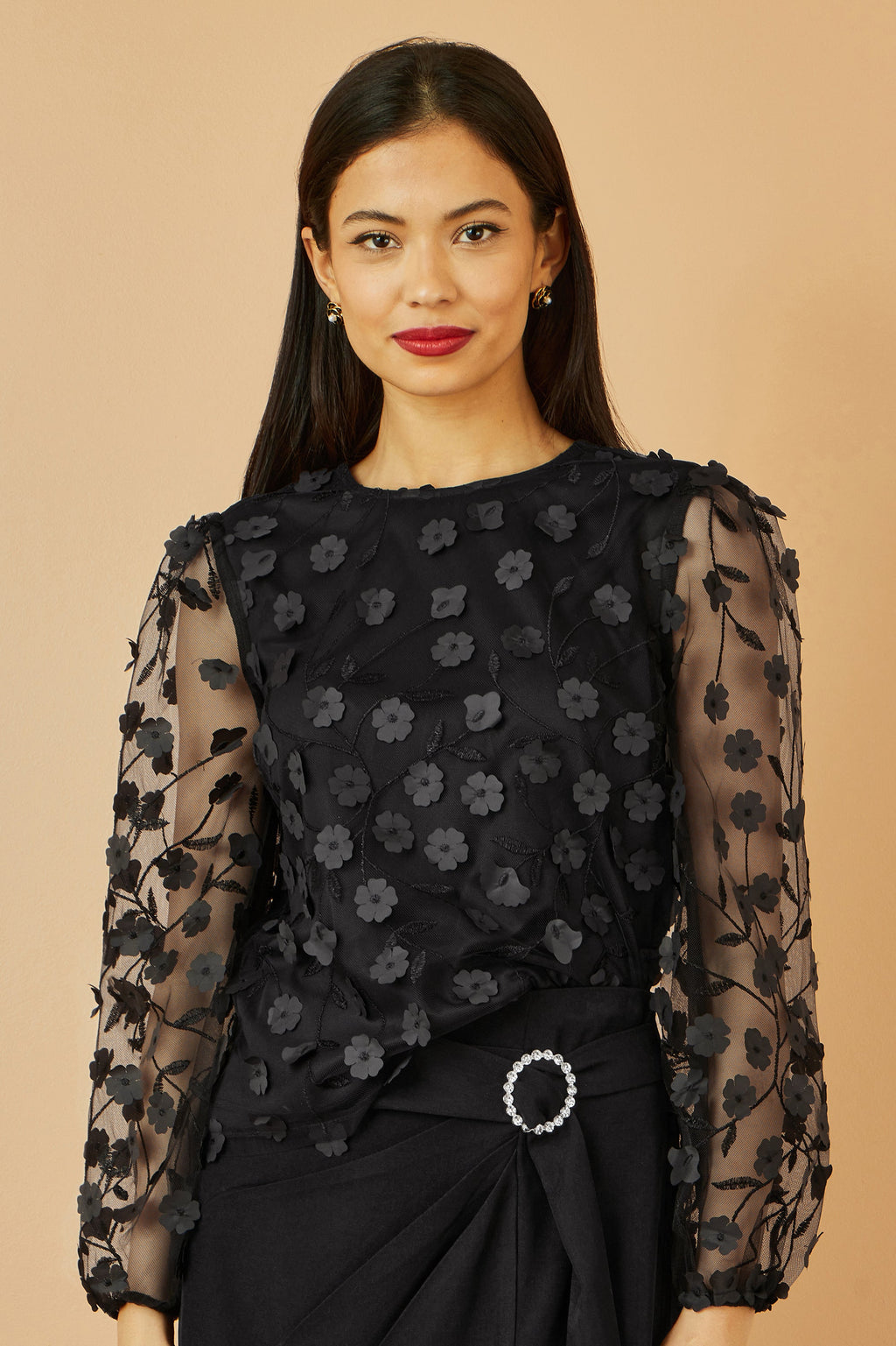 Yumi Black Sheer Sleeve Applique Flower Top