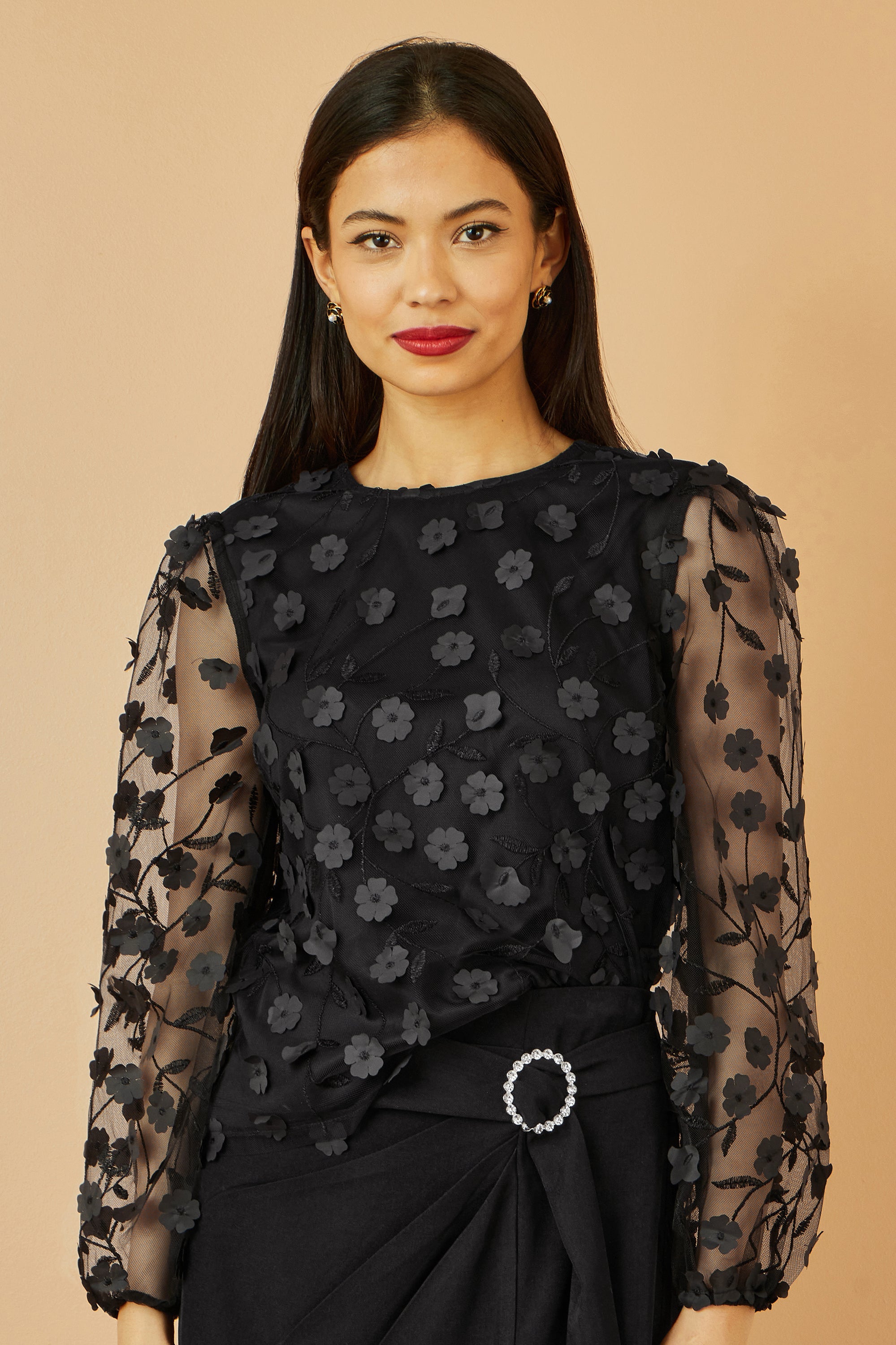 Yumi Black Sheer Sleeve Applique Flower Top