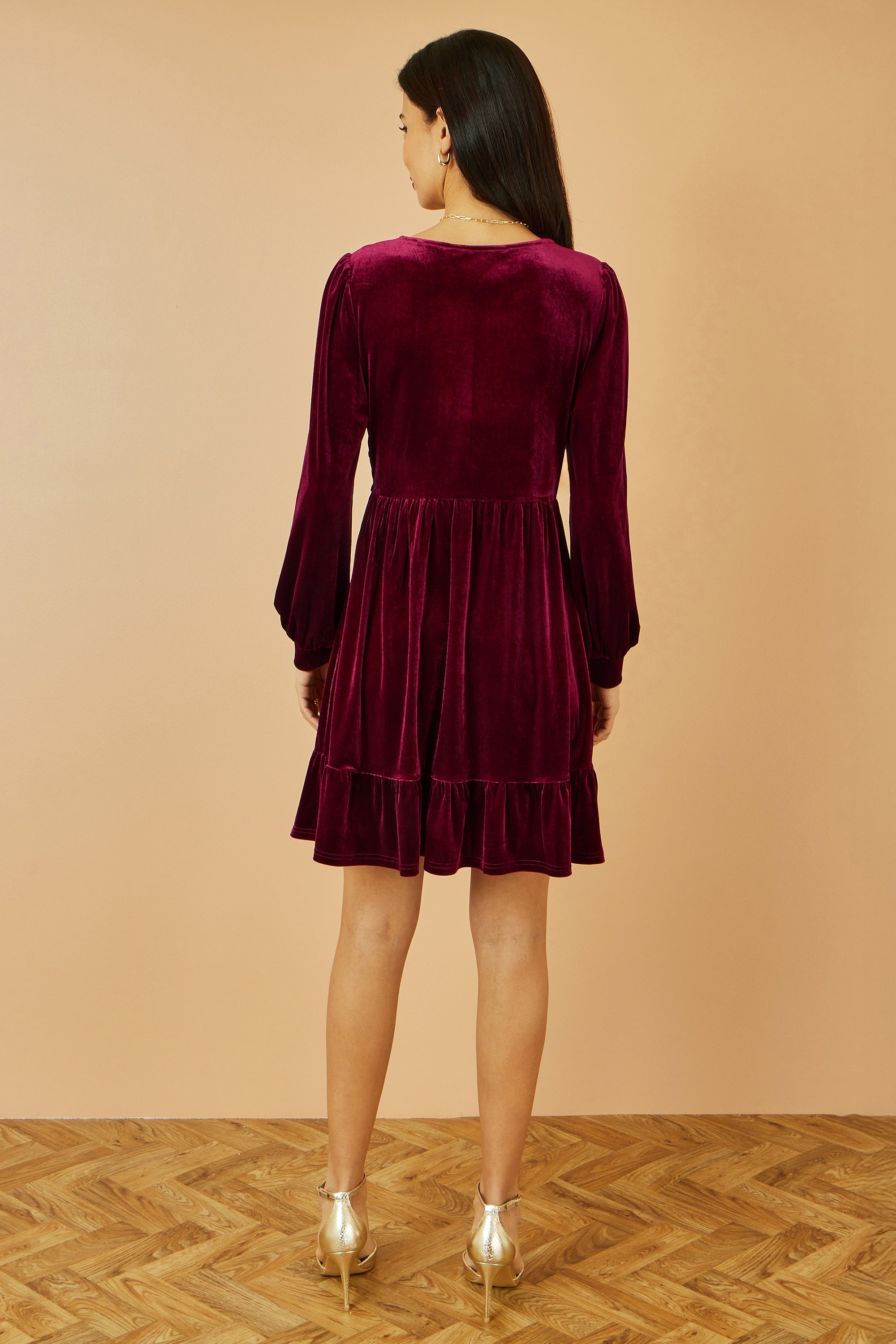 Yumi Burgundy Velvet Long Sleeve Skater Dress