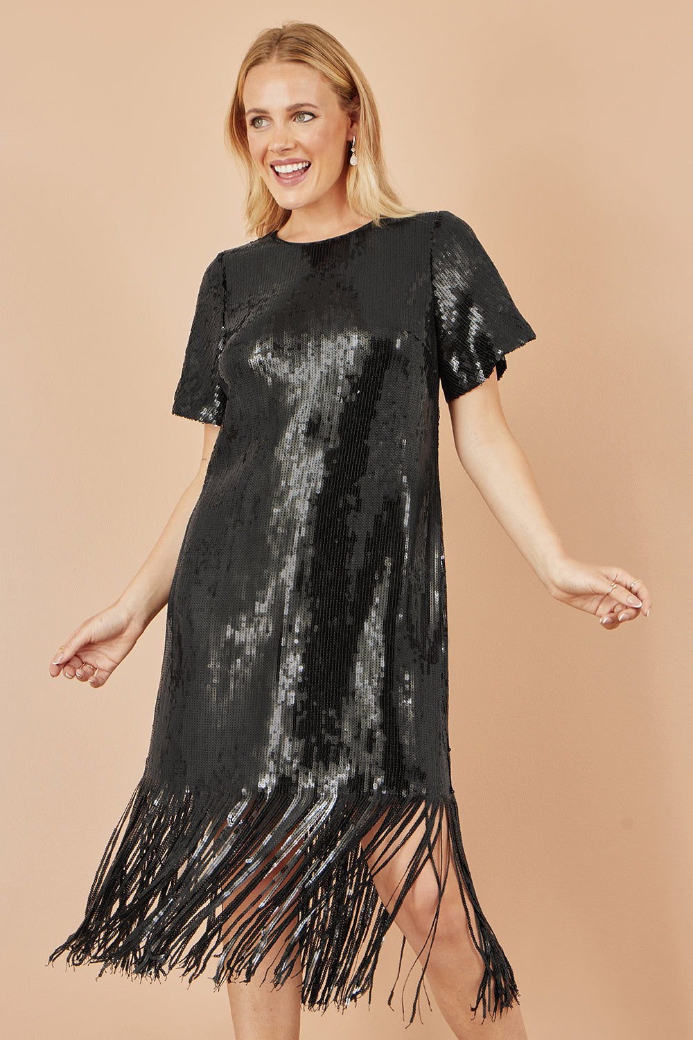 Yumi Black Sequin Tassels Hem Midi Tunic Dress