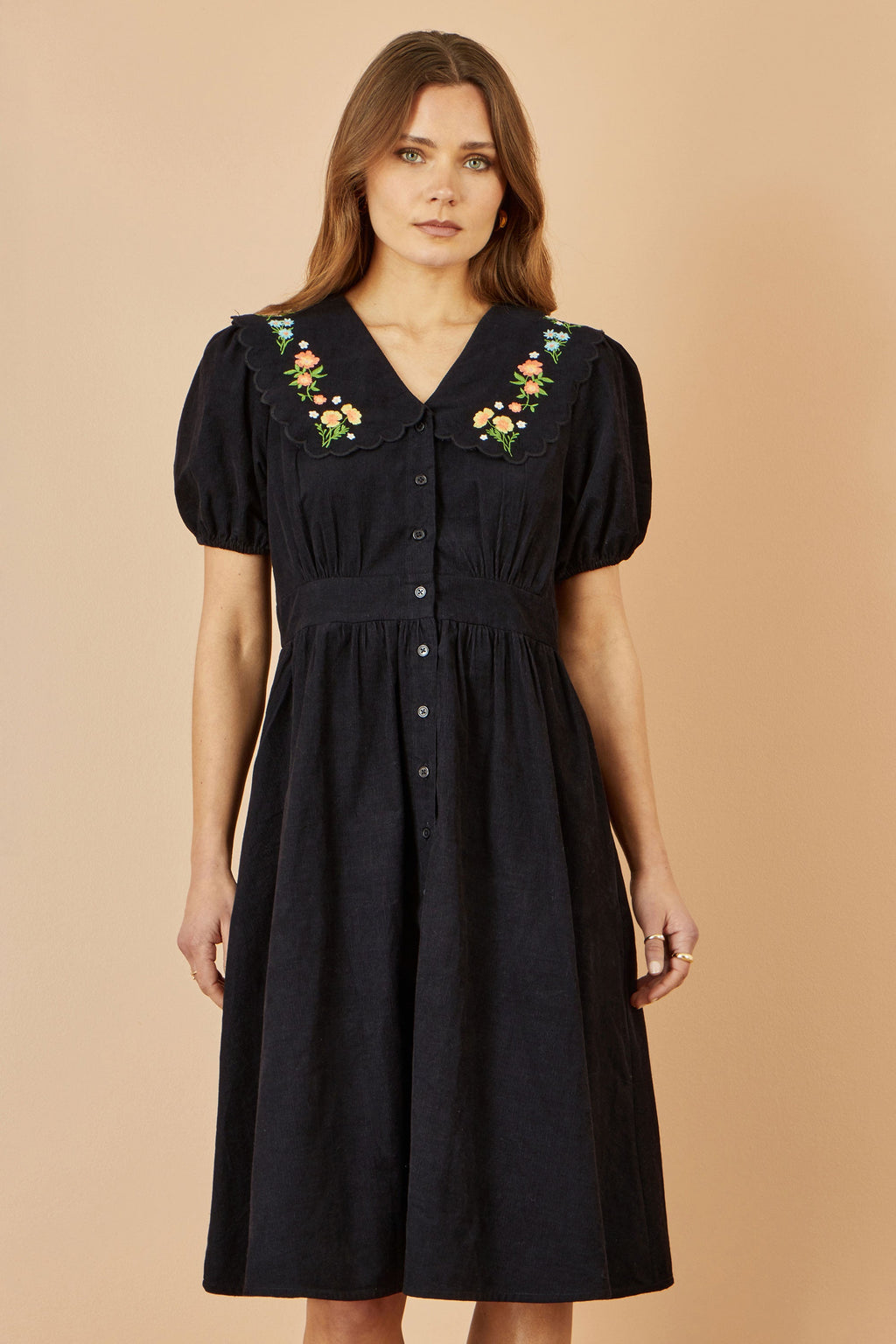 Yumi Black Long Sleeve Midi Dress With Floral Embroidery