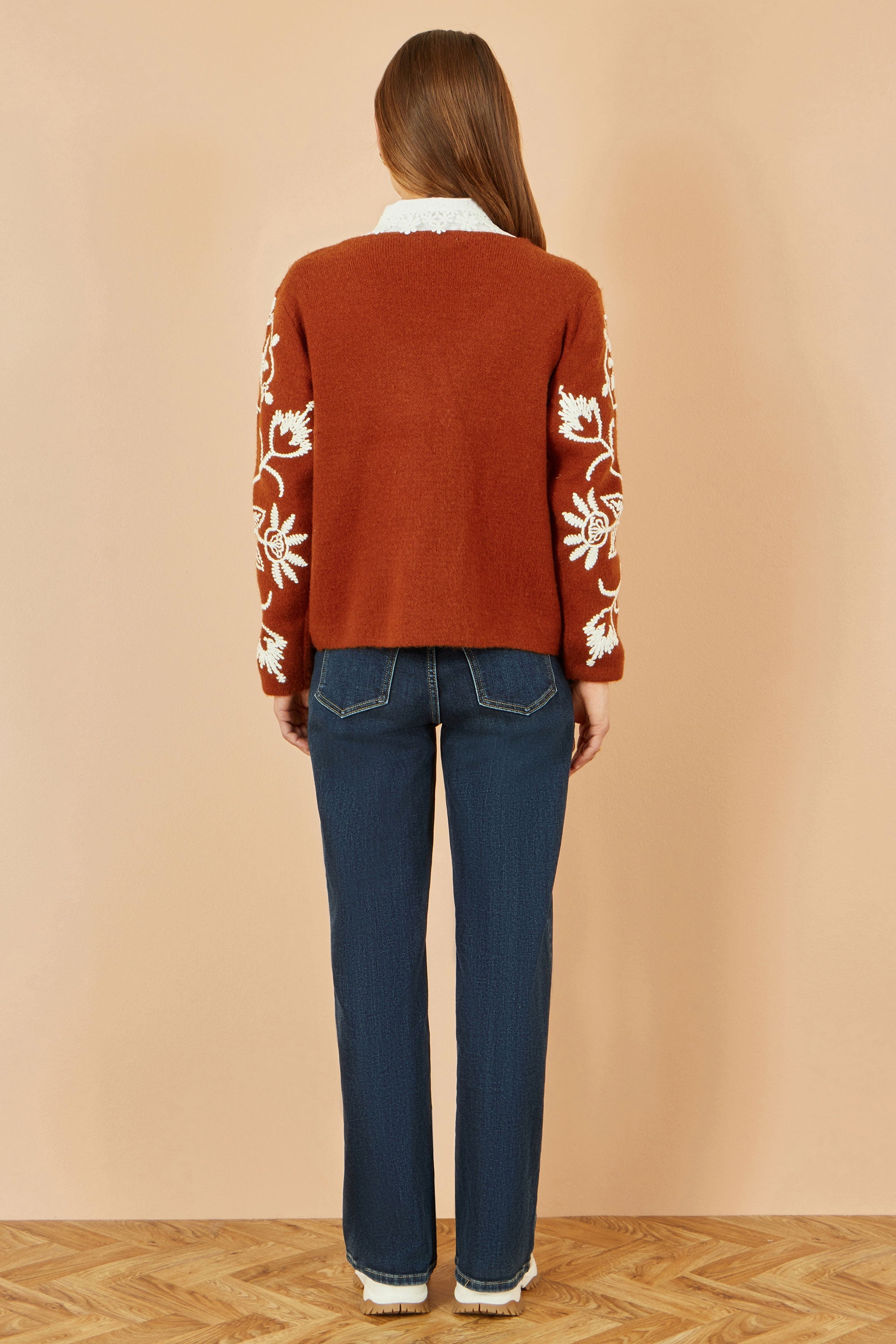 Yumi Brown Folk Embroidered Tie Front Cardigan