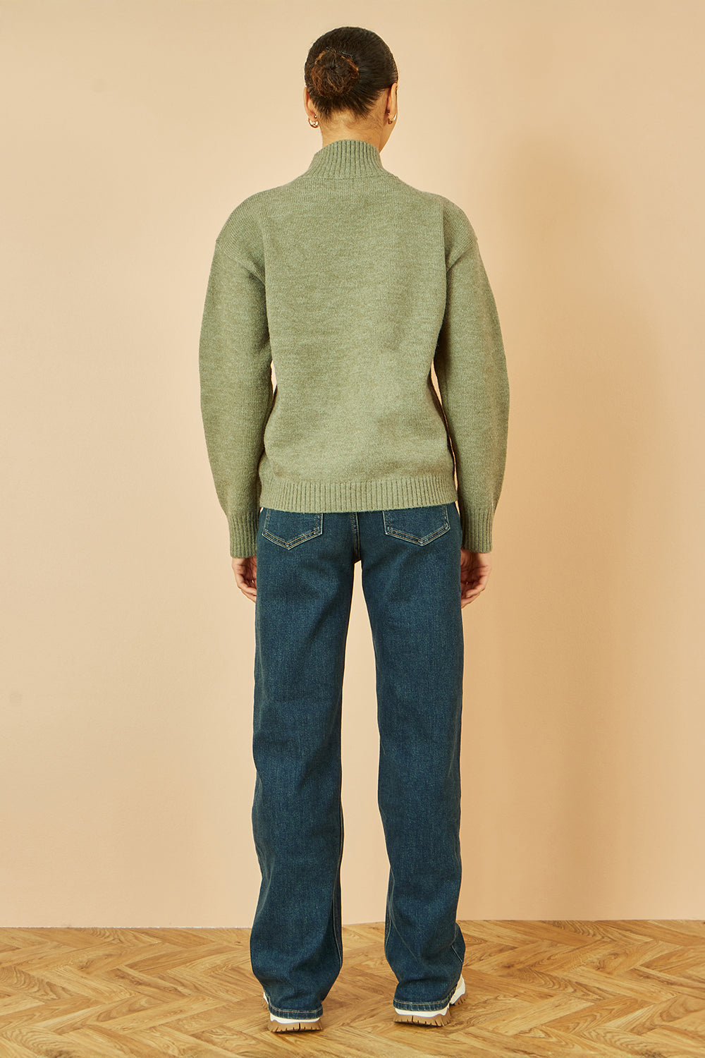 Yumi Green Knitted High Neck Jumper With Applique Flowers