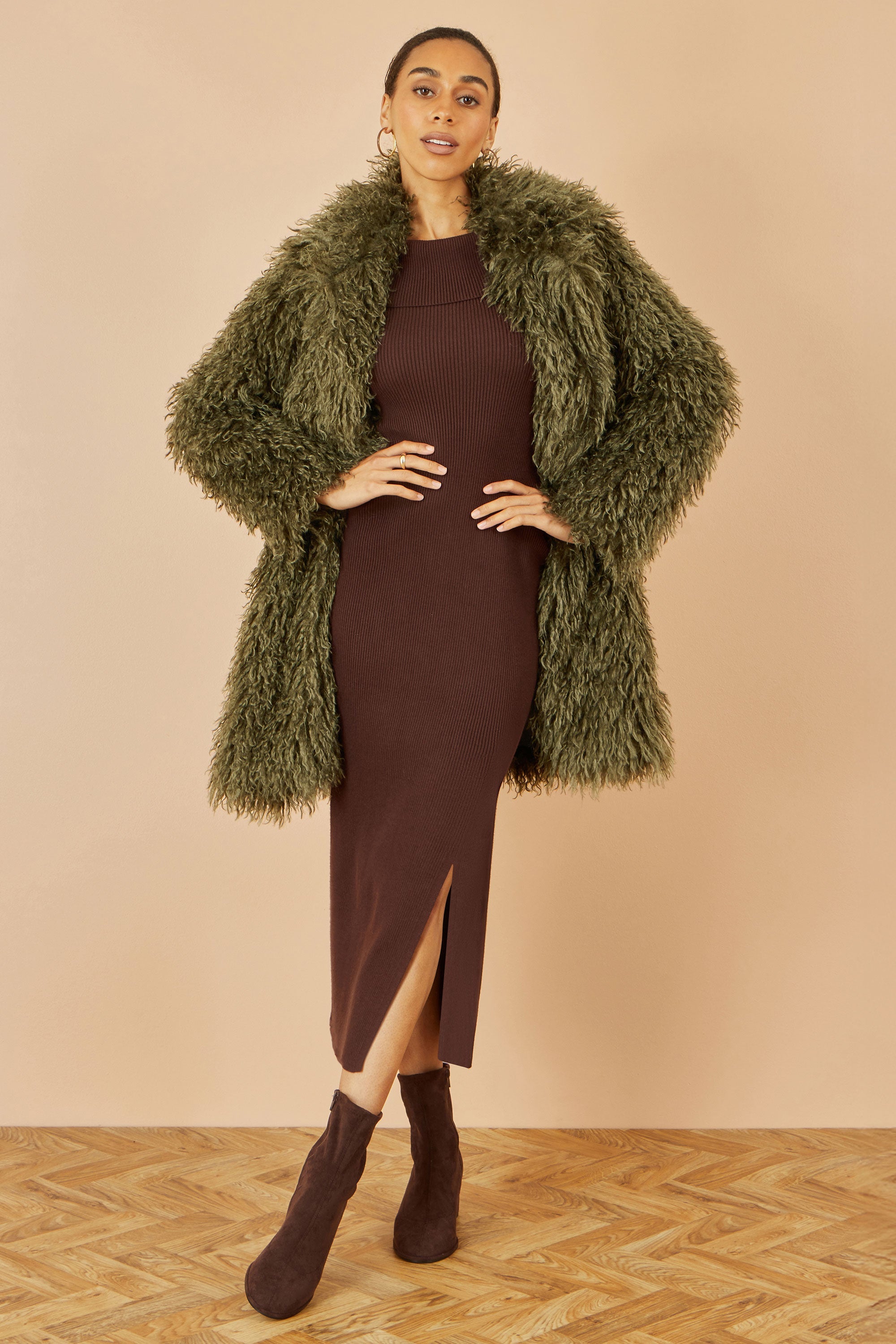 Yumi Green Luxe Long Hair Fur Coat