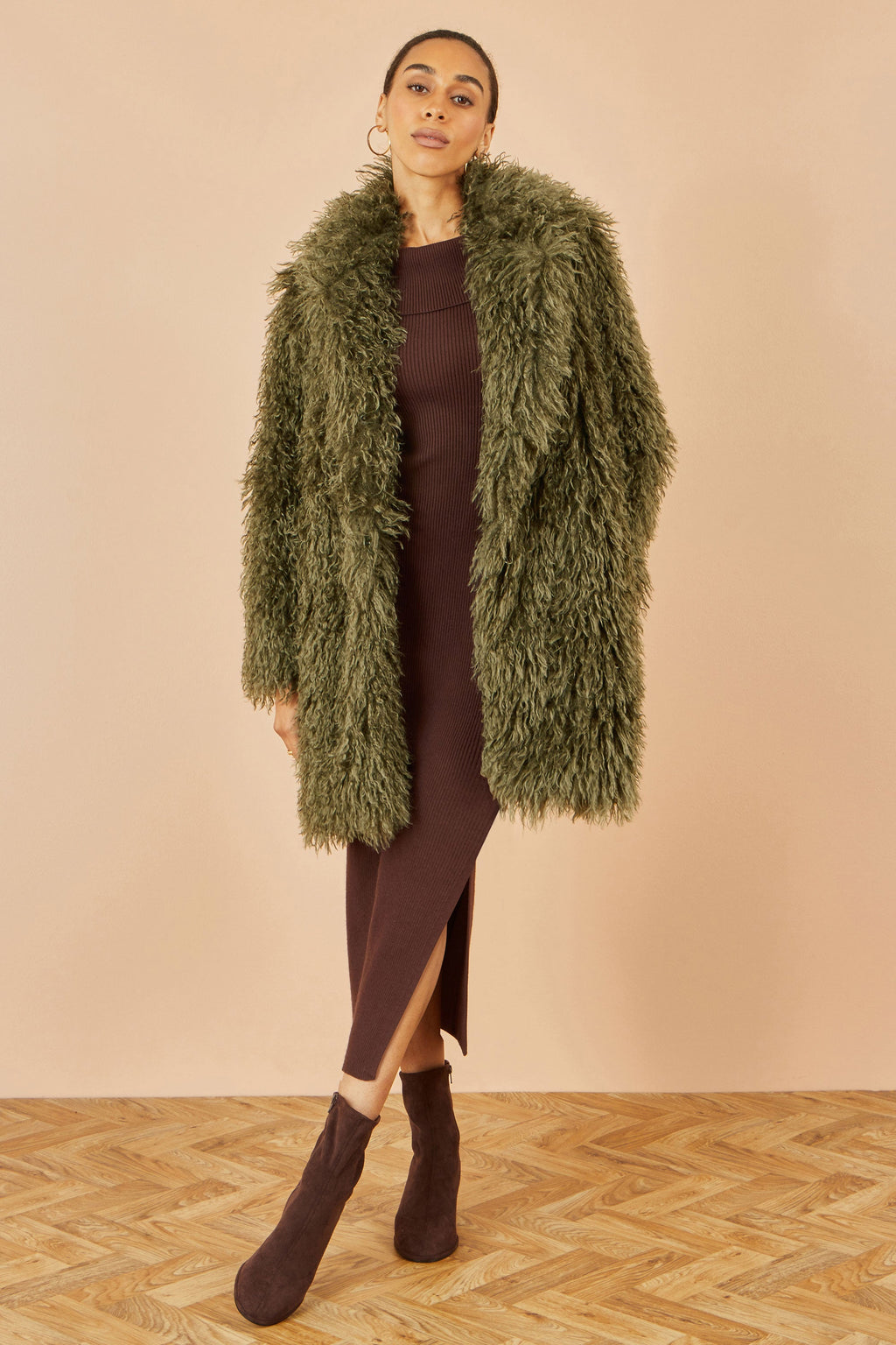 Yumi Green Luxe Long Hair Fur Coat