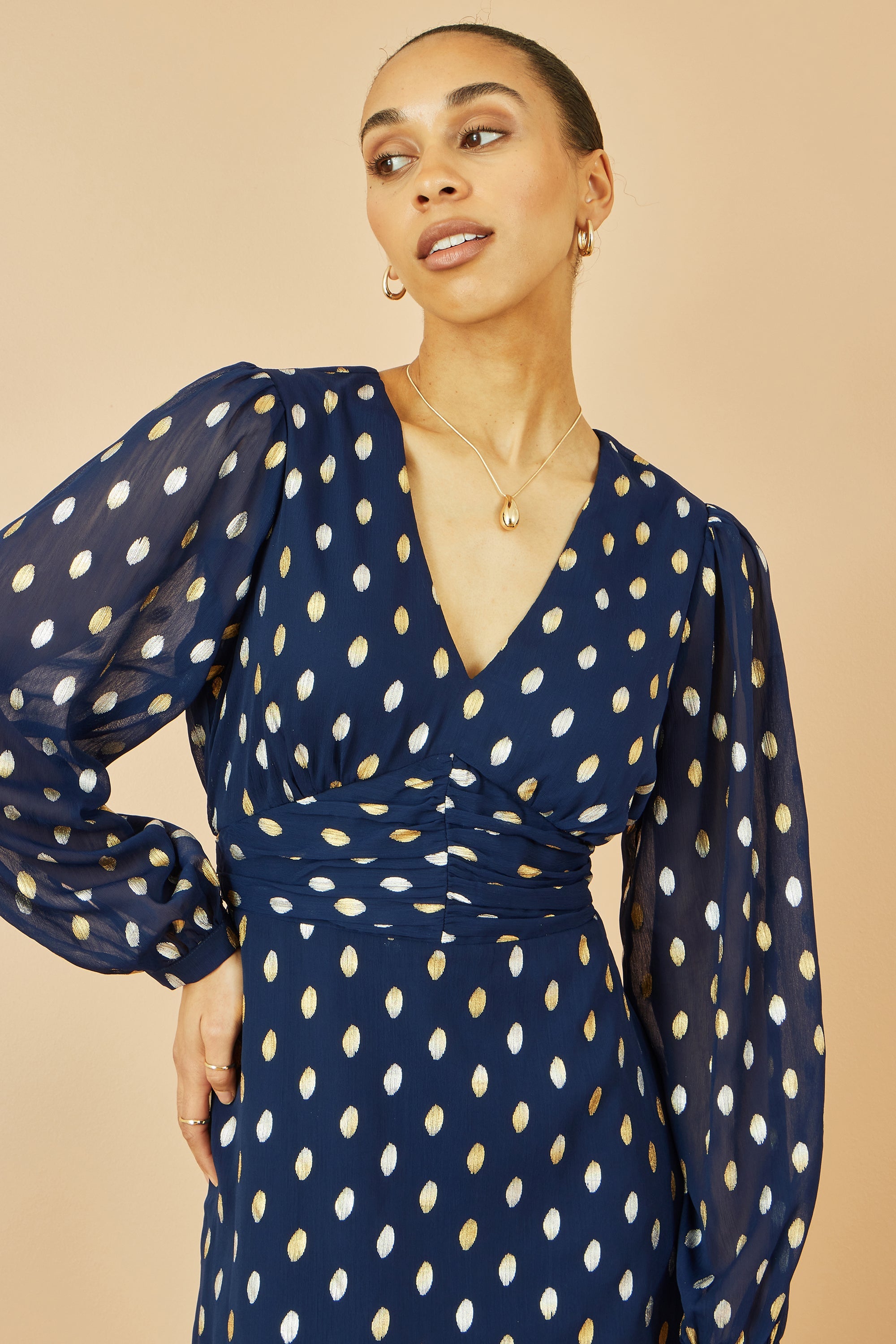 Yumi Navy Foil Print Midi Dress