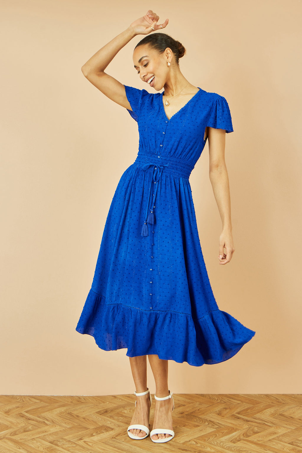 Yumi Blue Button Detail Midi Dress With Ruched Waist And Metallic Thread