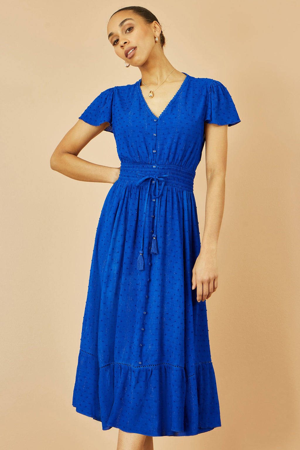 Yumi Blue Button Detail Midi Dress With Ruched Waist And Metallic Thread