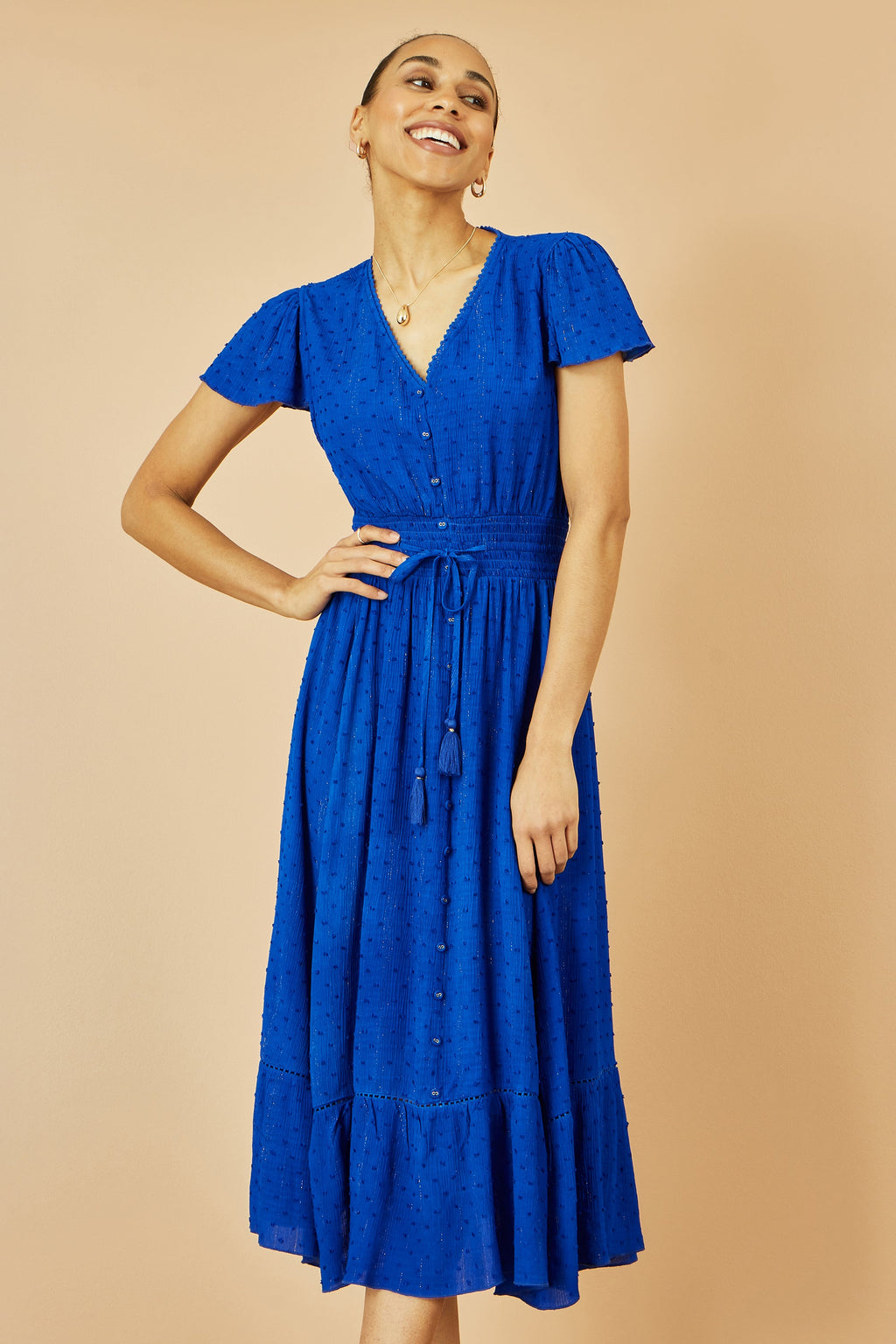 Yumi Blue Button Detail Midi Dress With Ruched Waist And Metallic Thread