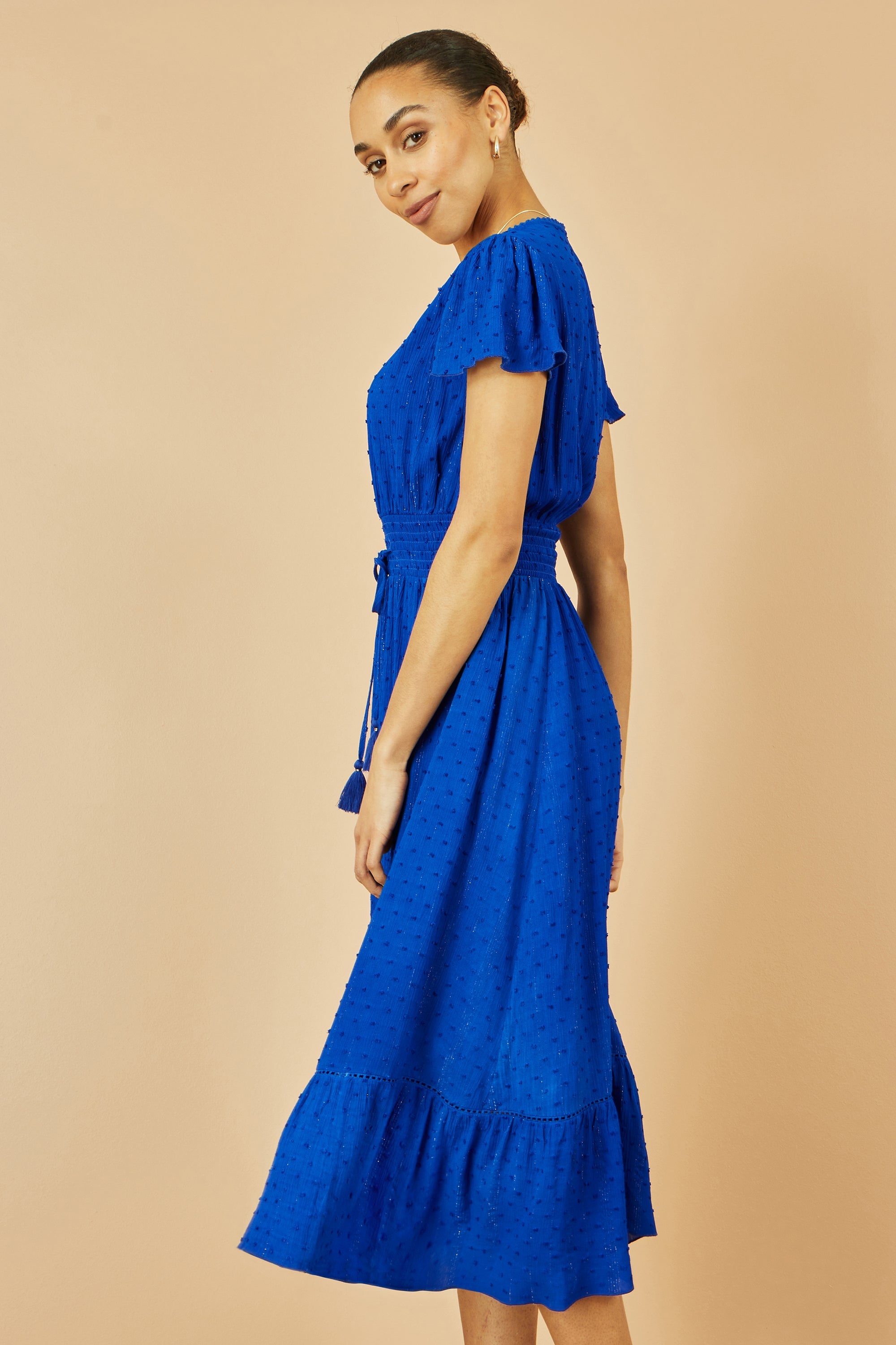 Yumi Blue Button Detail Midi Dress With Ruched Waist And Metallic Thread