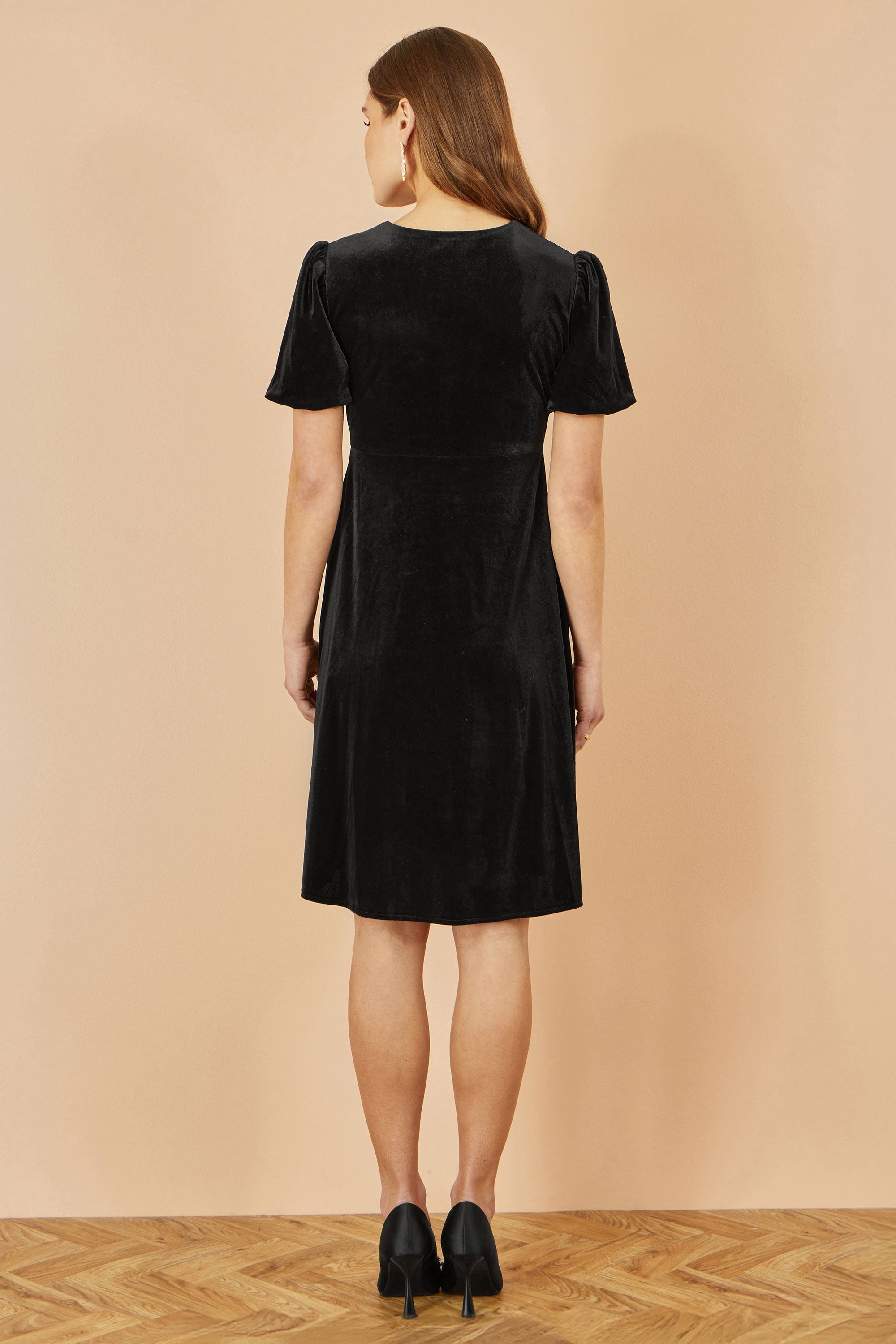 Yumi Black Velvet Skater Dress With Dimante Bow Detail