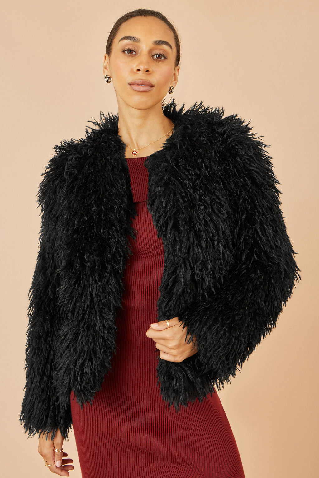 Yumi Black Luxe Fluffy Faux Fur Coat