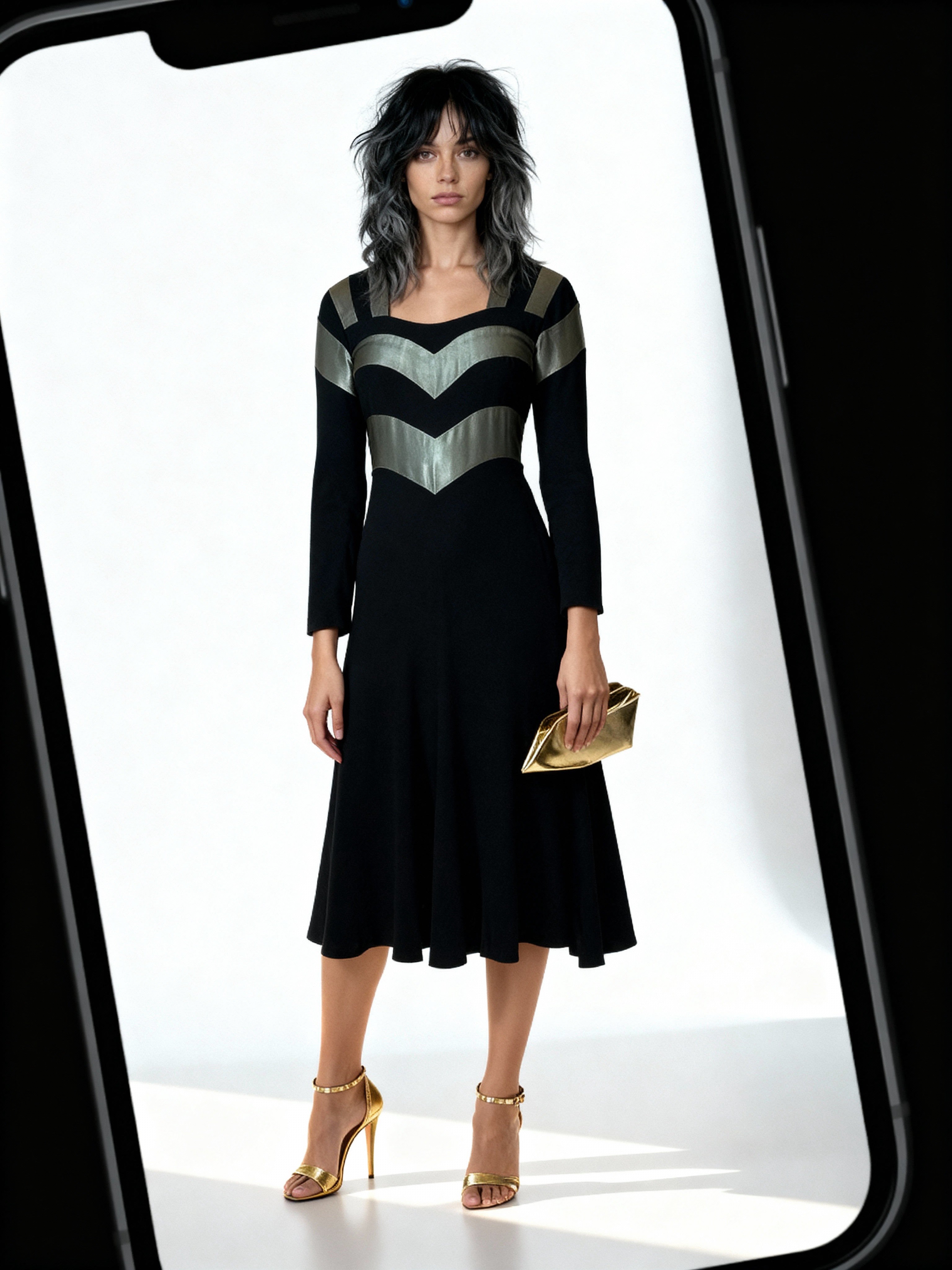 1970's Original Vintage Very Rare Ossie Clark Black & Metallic Green Dress UK 8 - 10