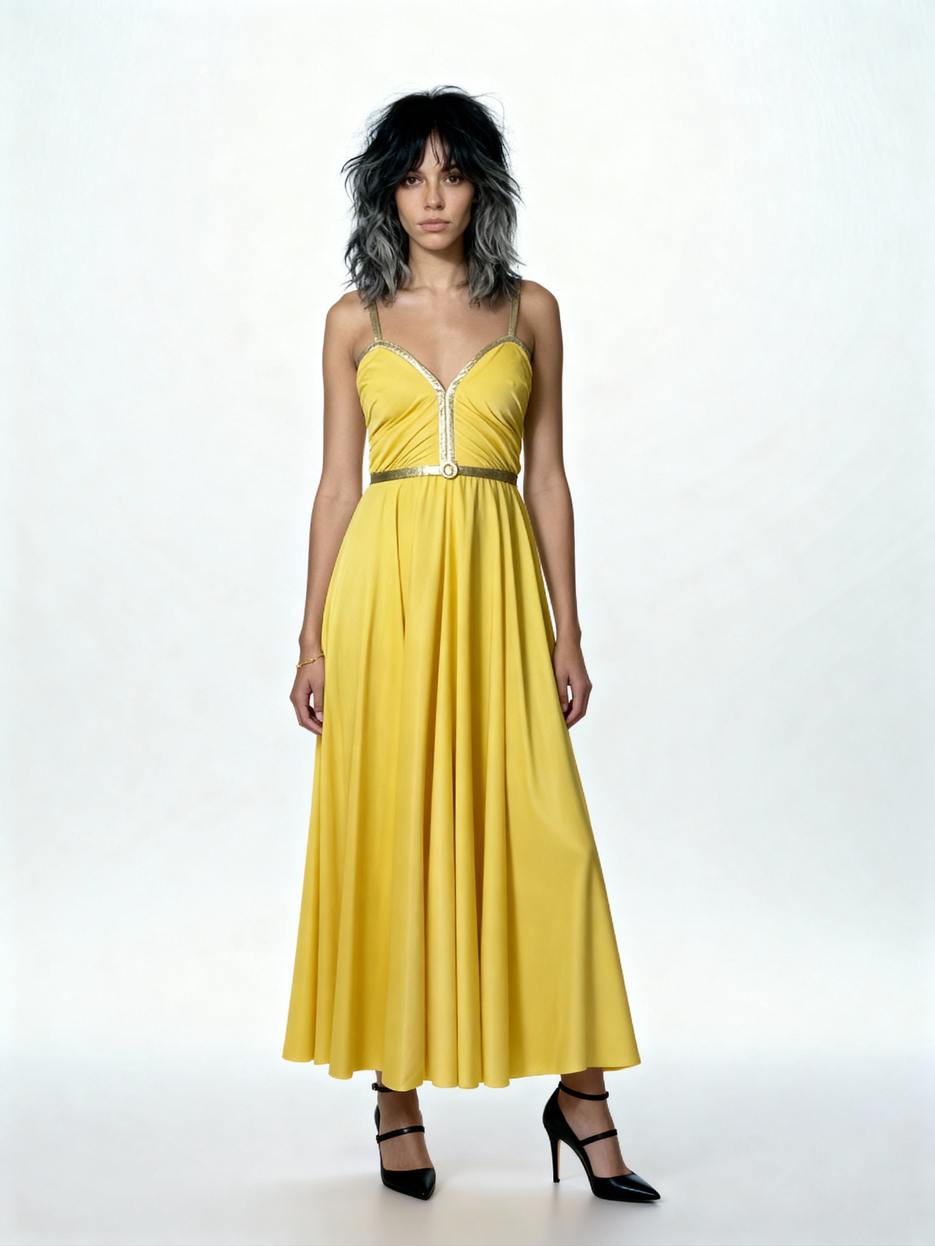 Original 1970'S Vintage Yellow & Gold Strap Maxi Dress