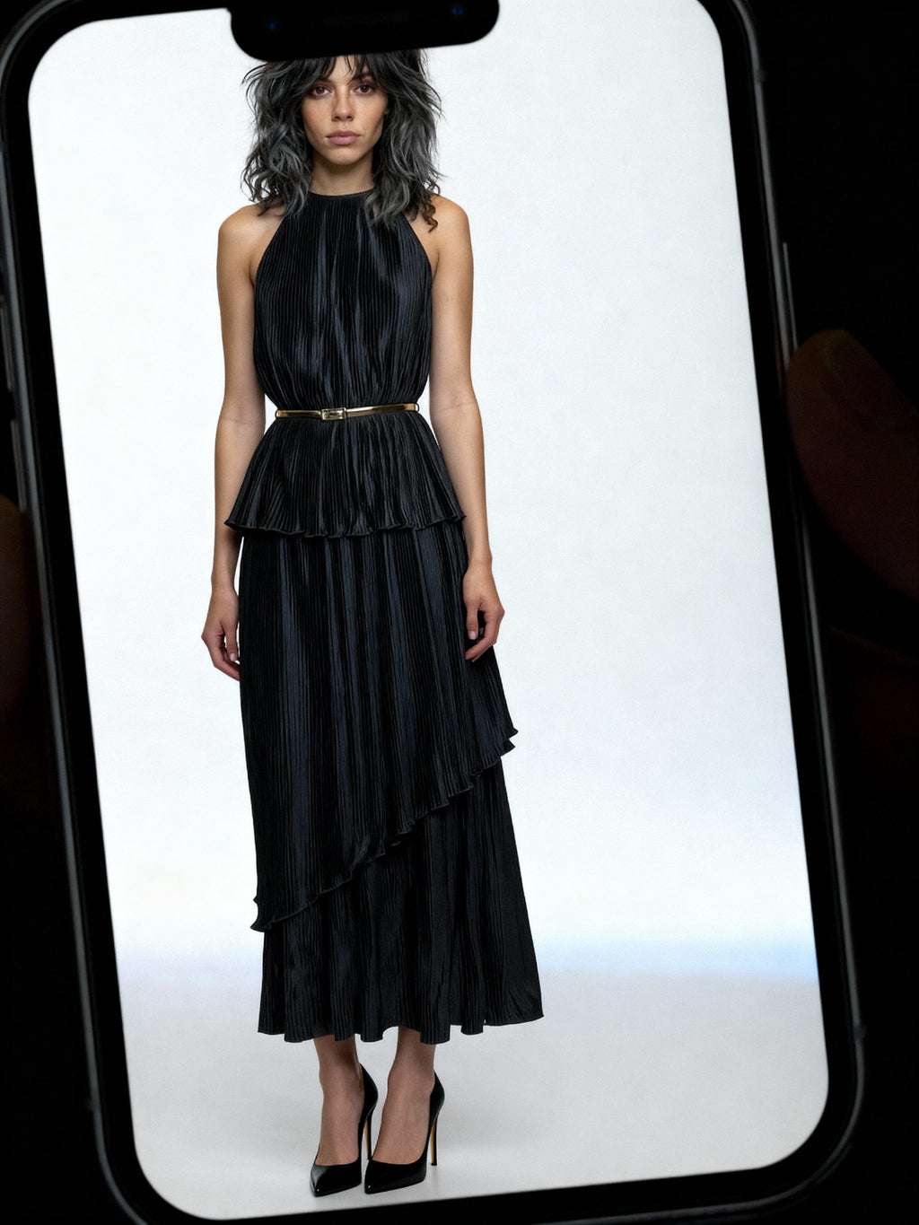 Vintage 1970's Black Thin Pleated & Tiered High Collar Dress UK 10 - 12