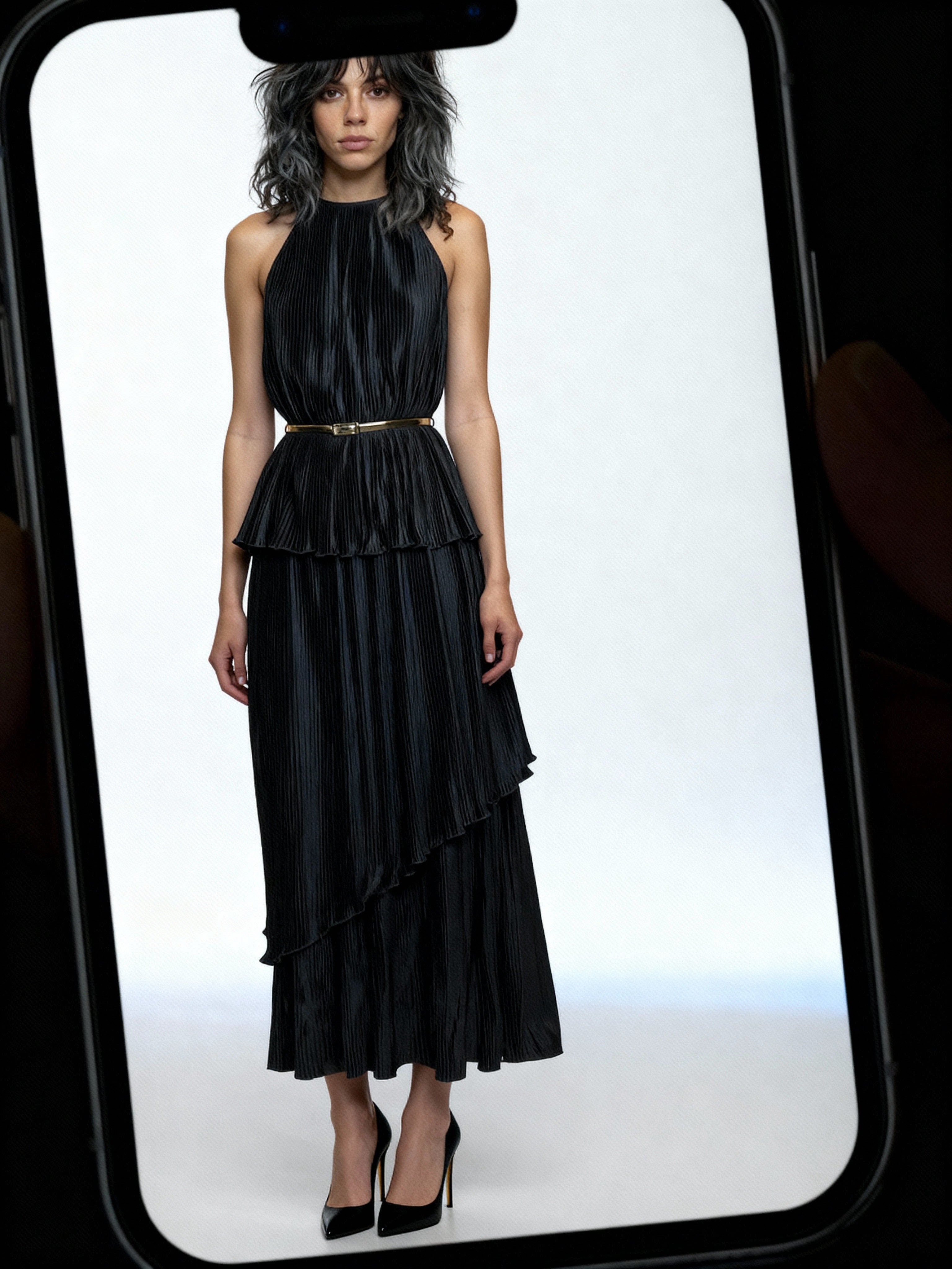 Vintage 1970's Black Thin Pleated & Tiered High Collar Dress UK 10 - 12